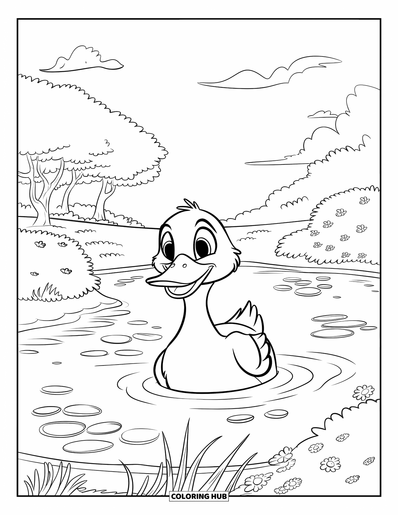 Swimming Coloring Page for Kids: A big duck paddles calmly in a pond surrounded by trees and flowers