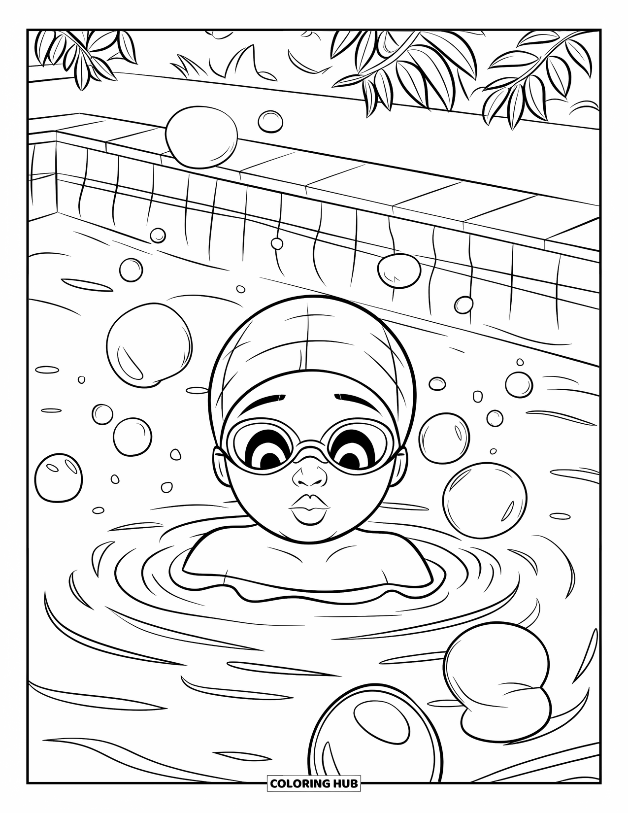 Swimming Coloring Page for Kids: A child blows bubbles in a pool near plants and the pool's edge