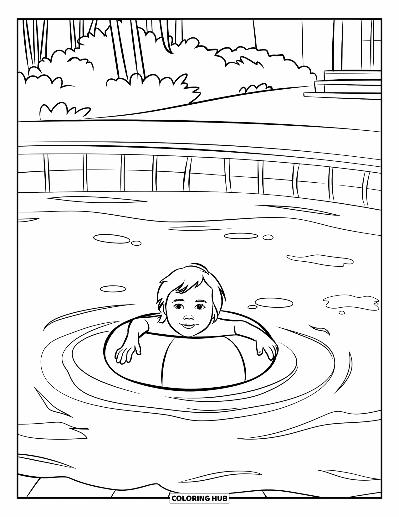 Swimming Coloring Page for Kids: A child floats on a swim ring with gentle ripples, trees, and a building