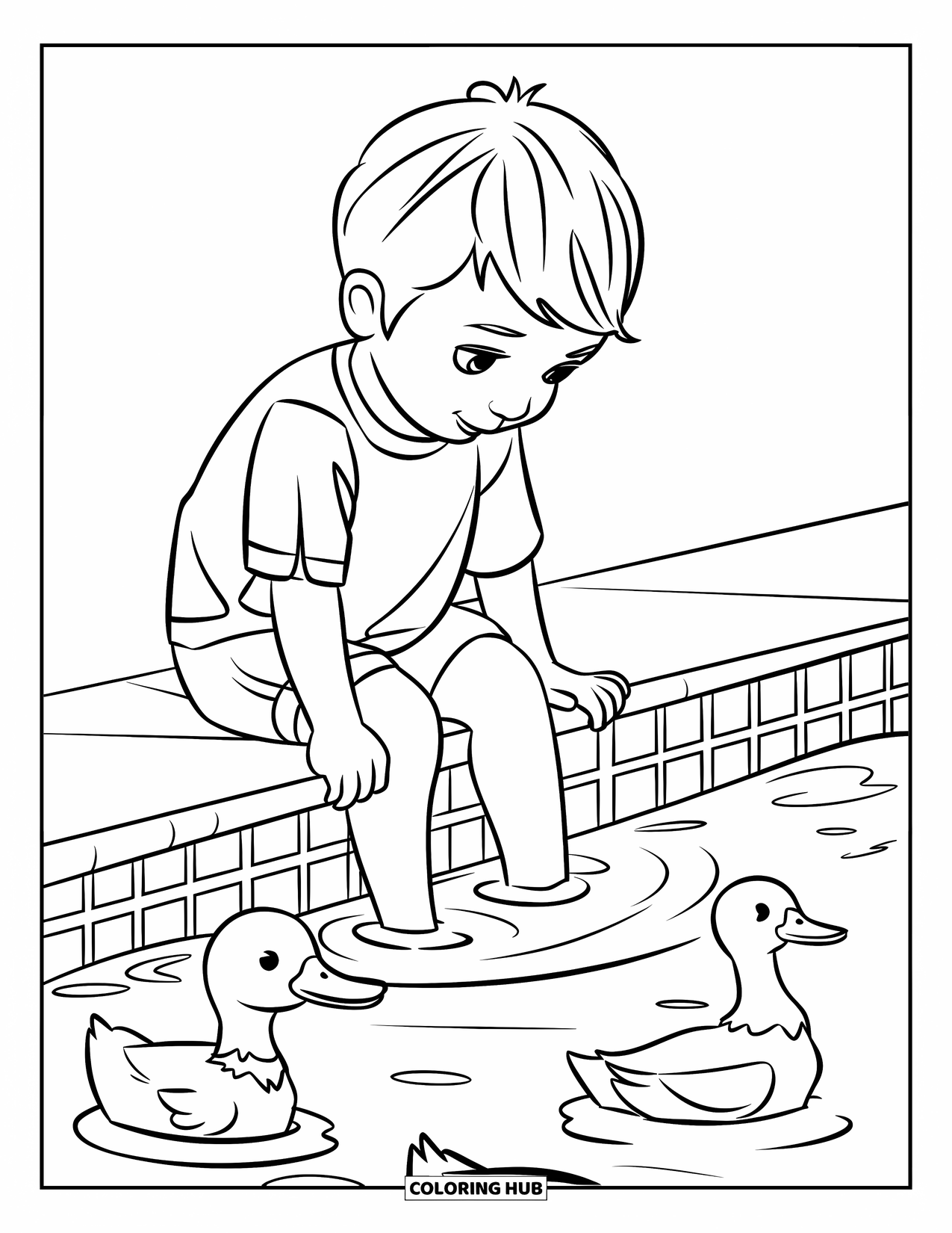 Swimming Coloring Page for Kids: A child kicks feet in water with ducks swimming nearby