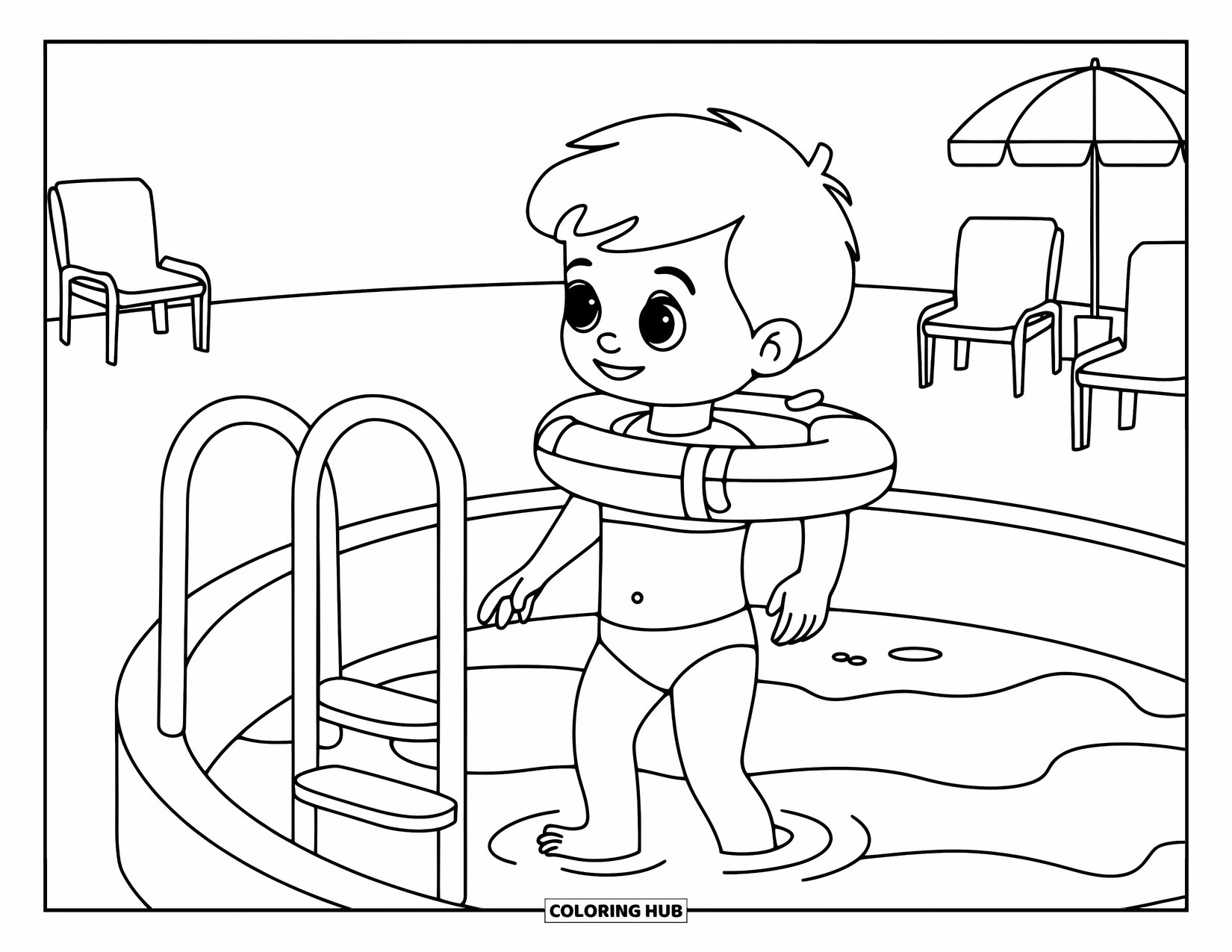 Swimming Coloring Page for Kids: A child with floaties enters a kiddie pool with a ladder, chairs, and an umbrella