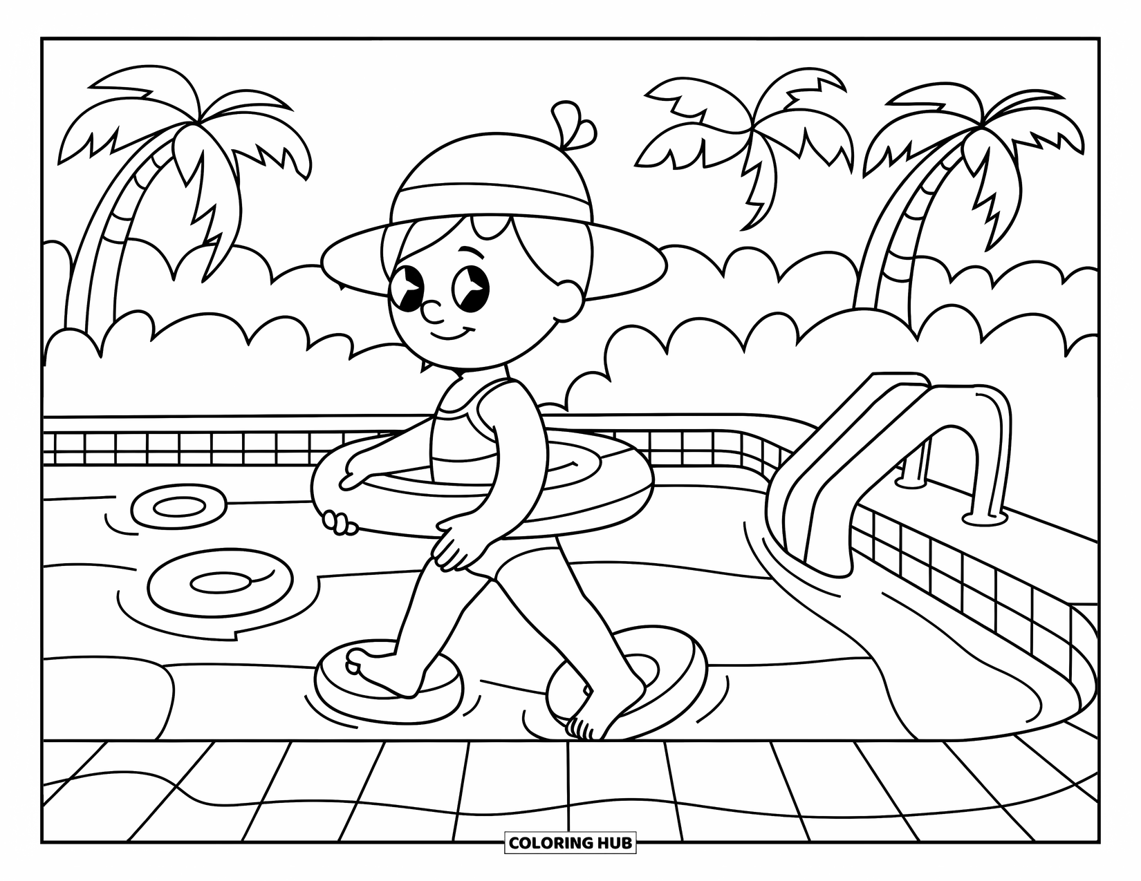 Swimming Coloring Page for Kids: A child with floaties steps into a kiddie pool near a slide and palm trees