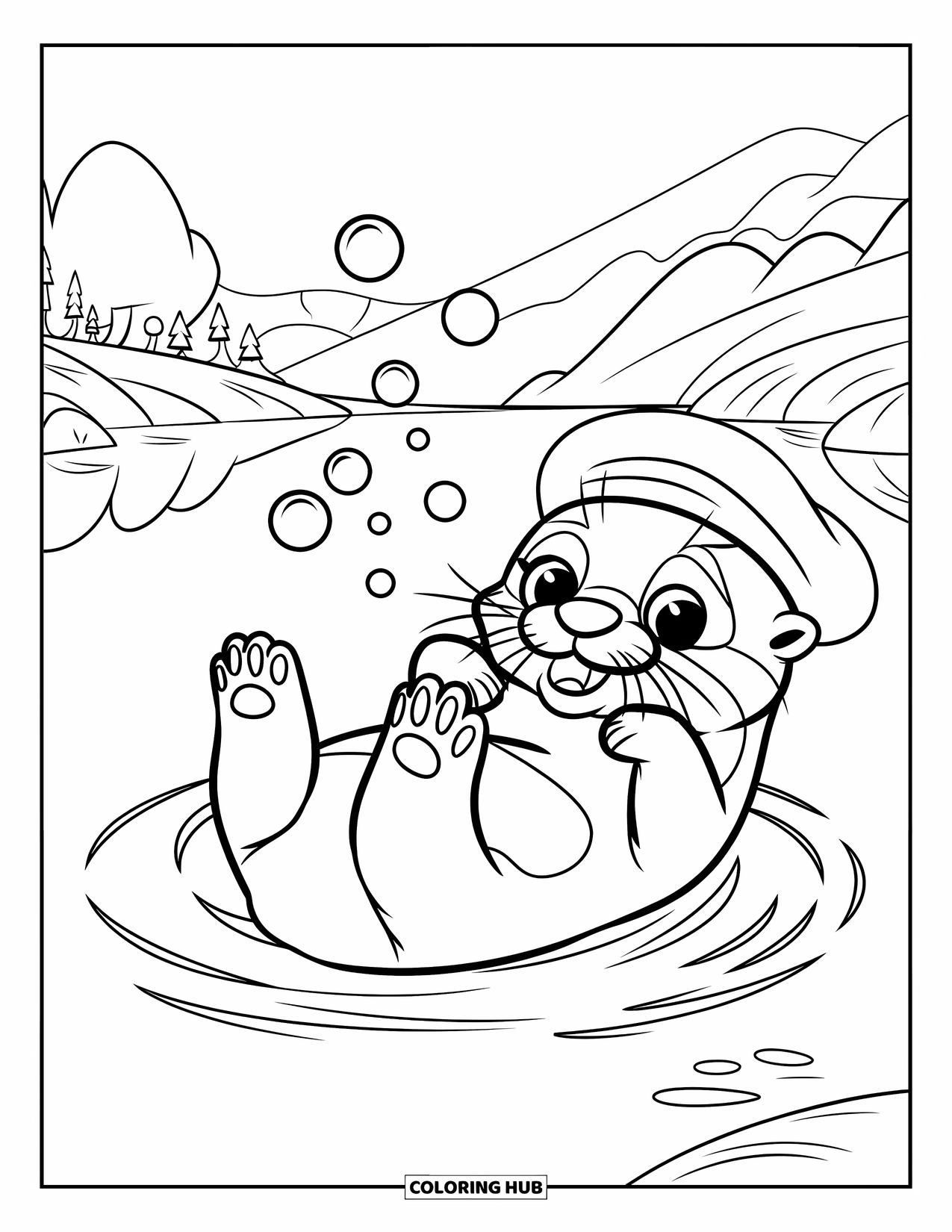 Swimming Coloring Page for Kids: A cute otter floats on its back wearing a hat, bubbles rising nearby