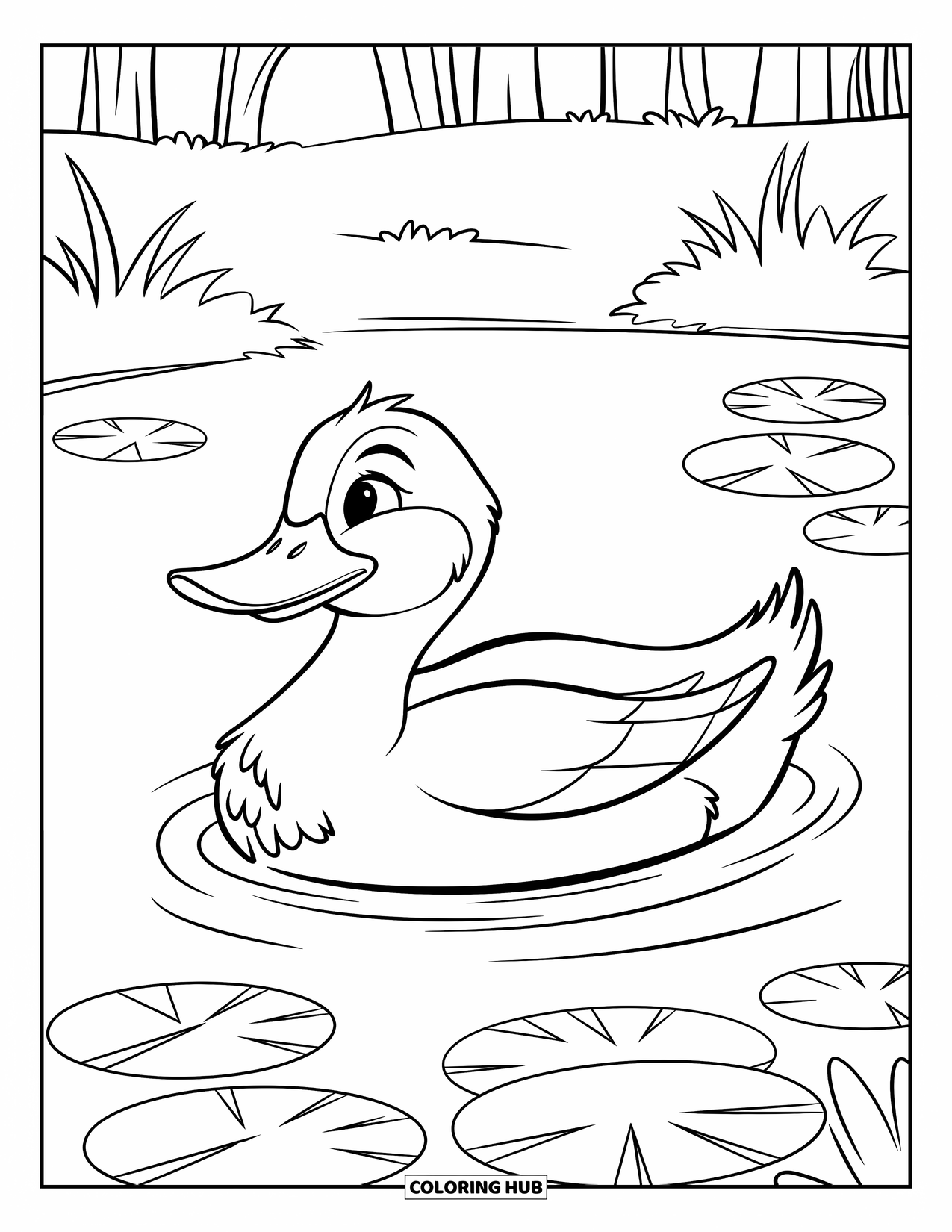 Swimming Coloring Page for Kids: A duck paddles gently in a pond with lily pads and trees nearby