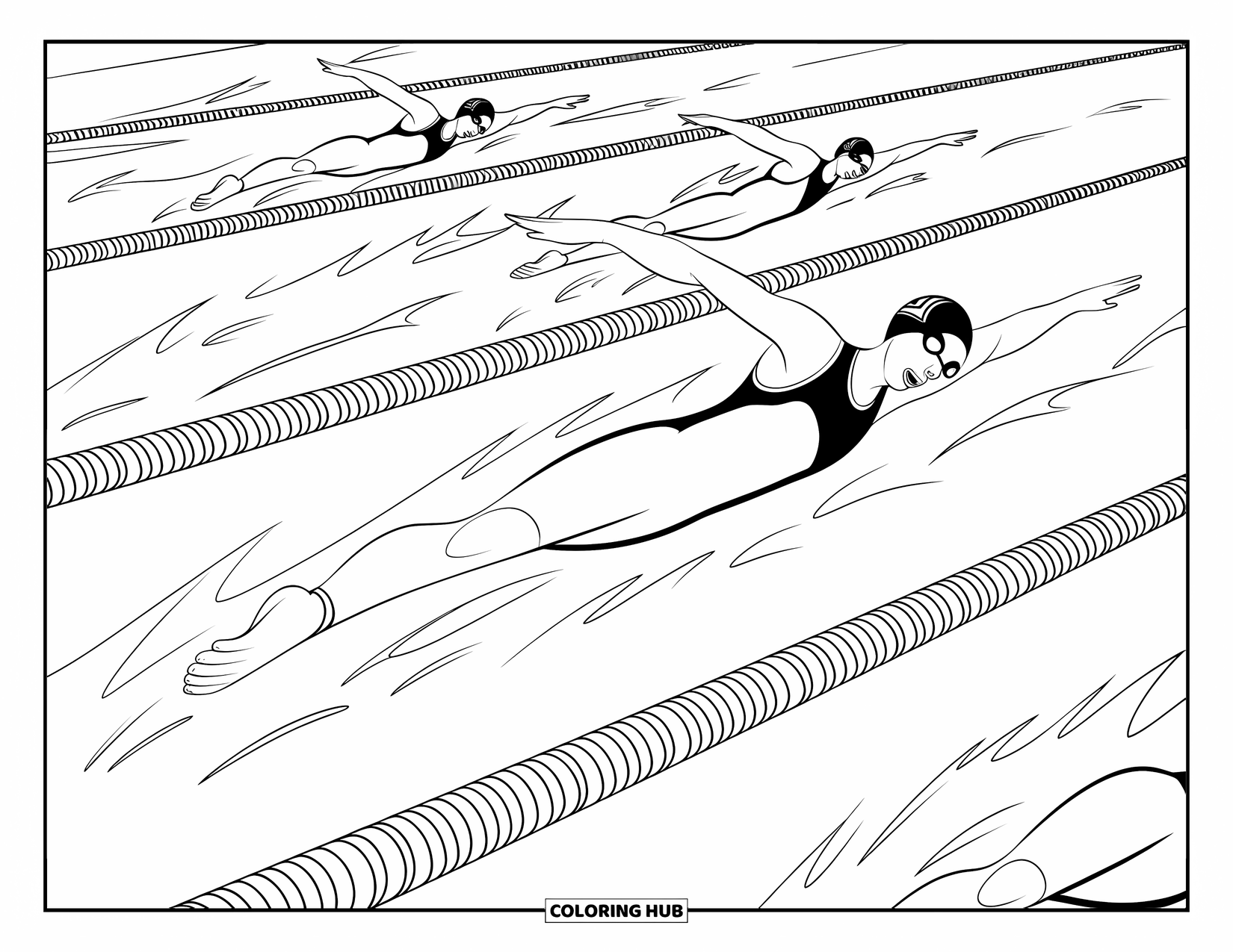 Swimming Coloring Page for Kids: A freestyle swimmer racing ahead with water splashing and other swimmers nearby