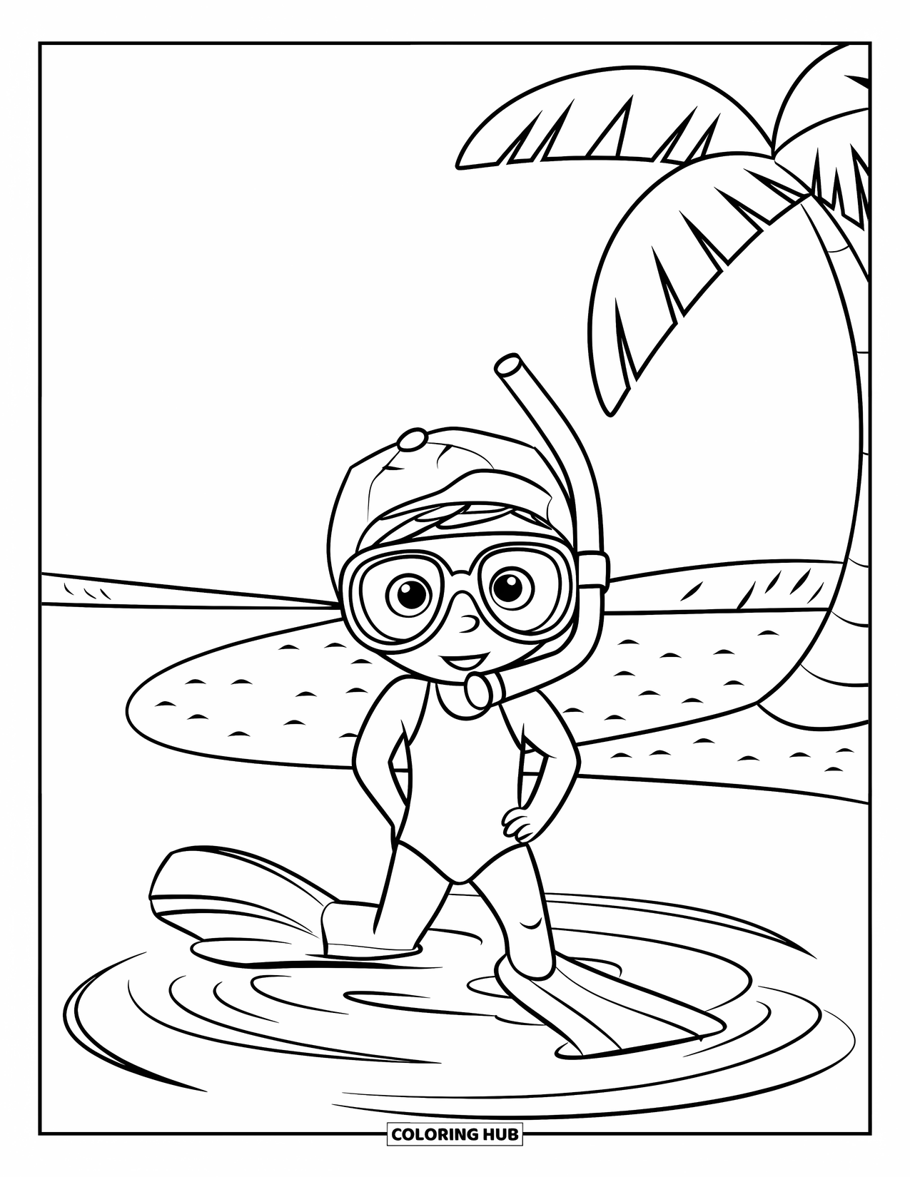Swimming Coloring Page for Kids: A kid stands in shallow water with swim fins, snorkel, and a palm tree nearby