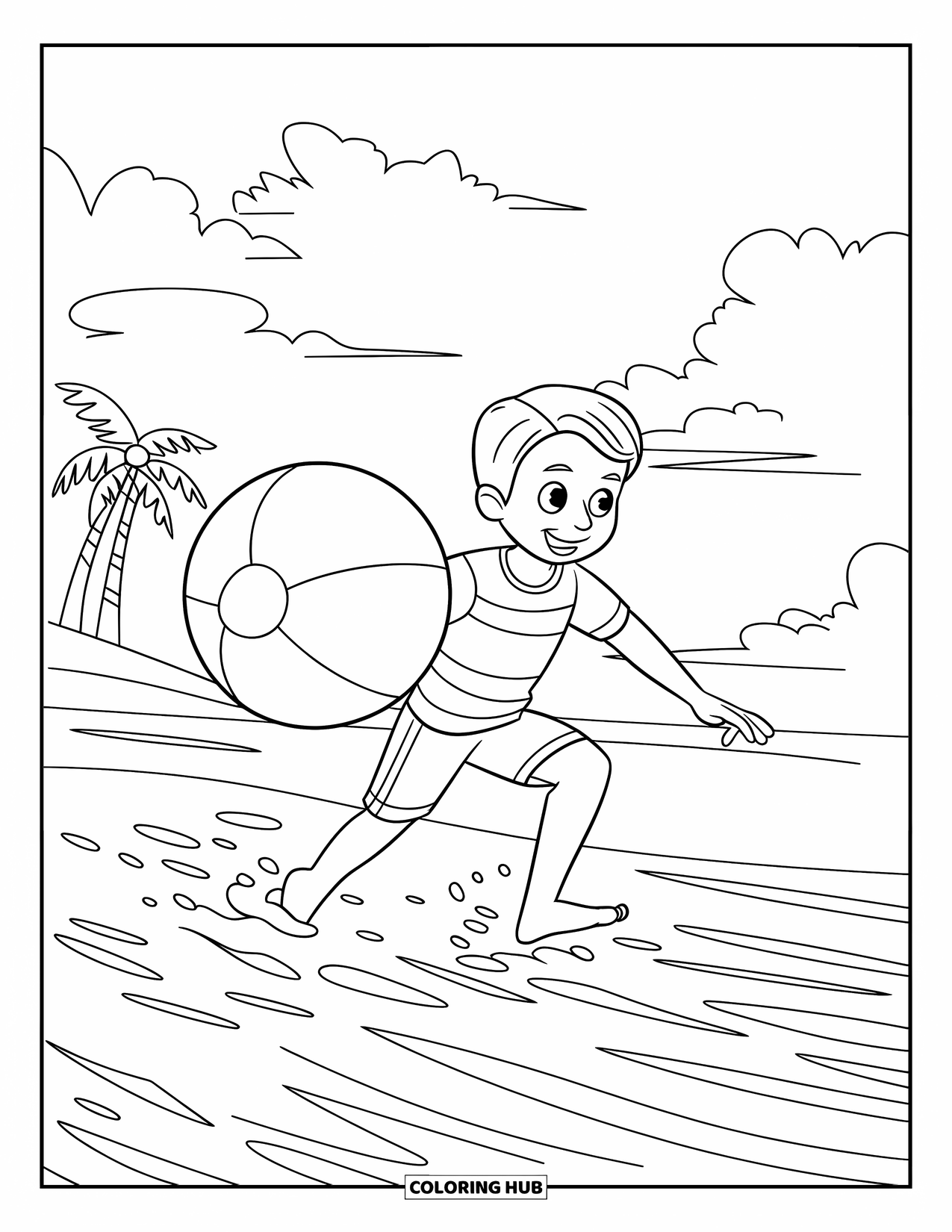 Swimming Coloring Page for Kids: A kid wearing stripes chases a beach ball near waves and palm trees