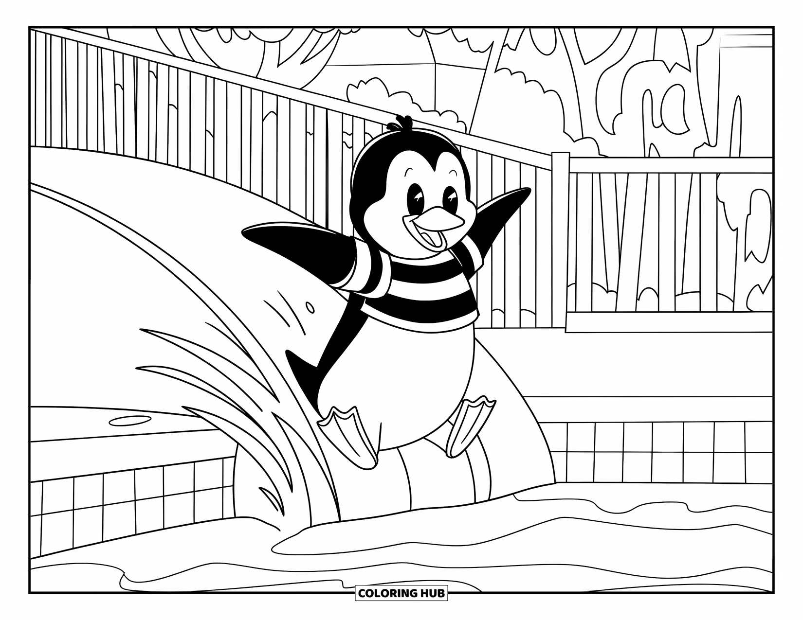 Swimming Coloring Page for Kids: A penguin in stripes and hat slides into a pool by trees and a fence