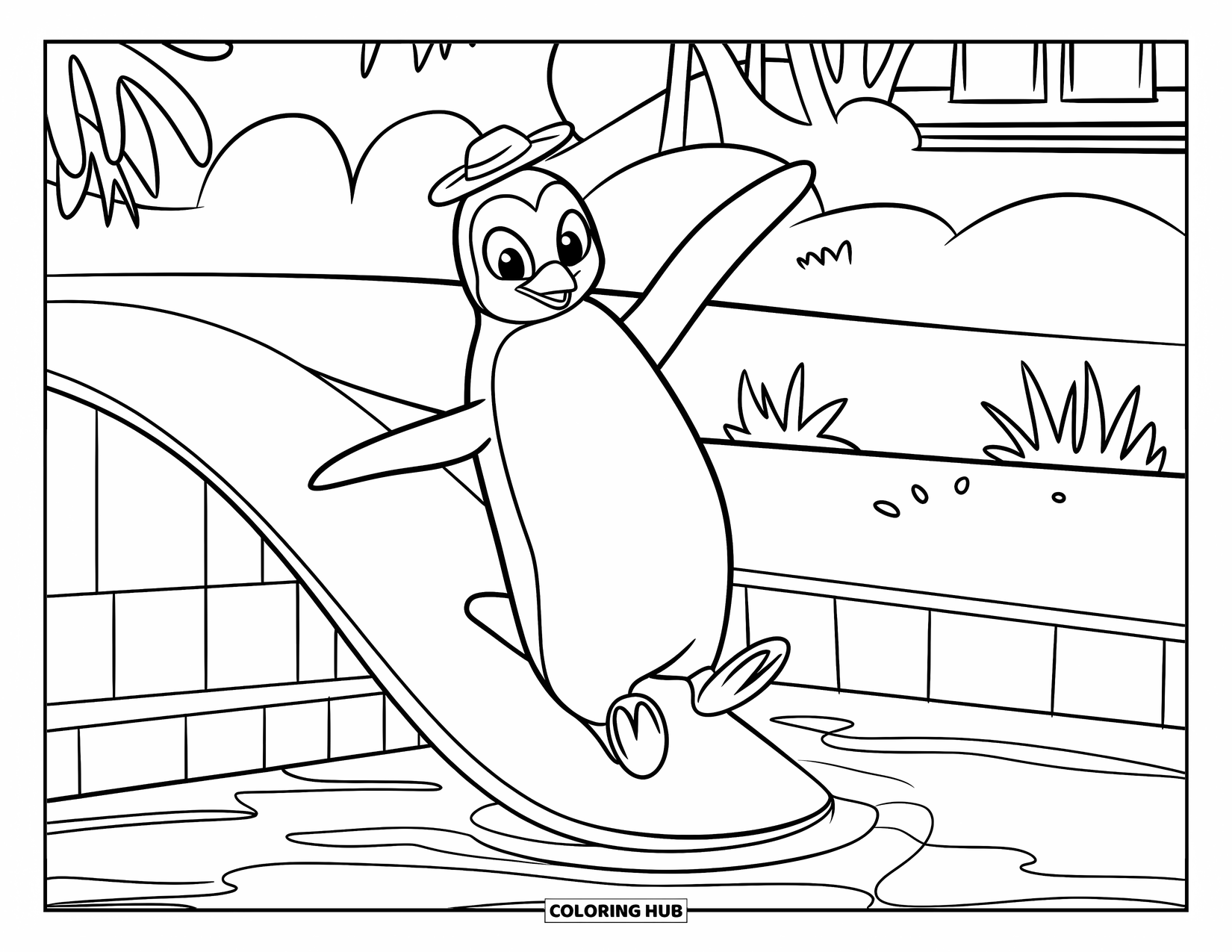 Swimming Coloring Page for Kids: A penguin with a tiny hat slides into a pool near trees and a building