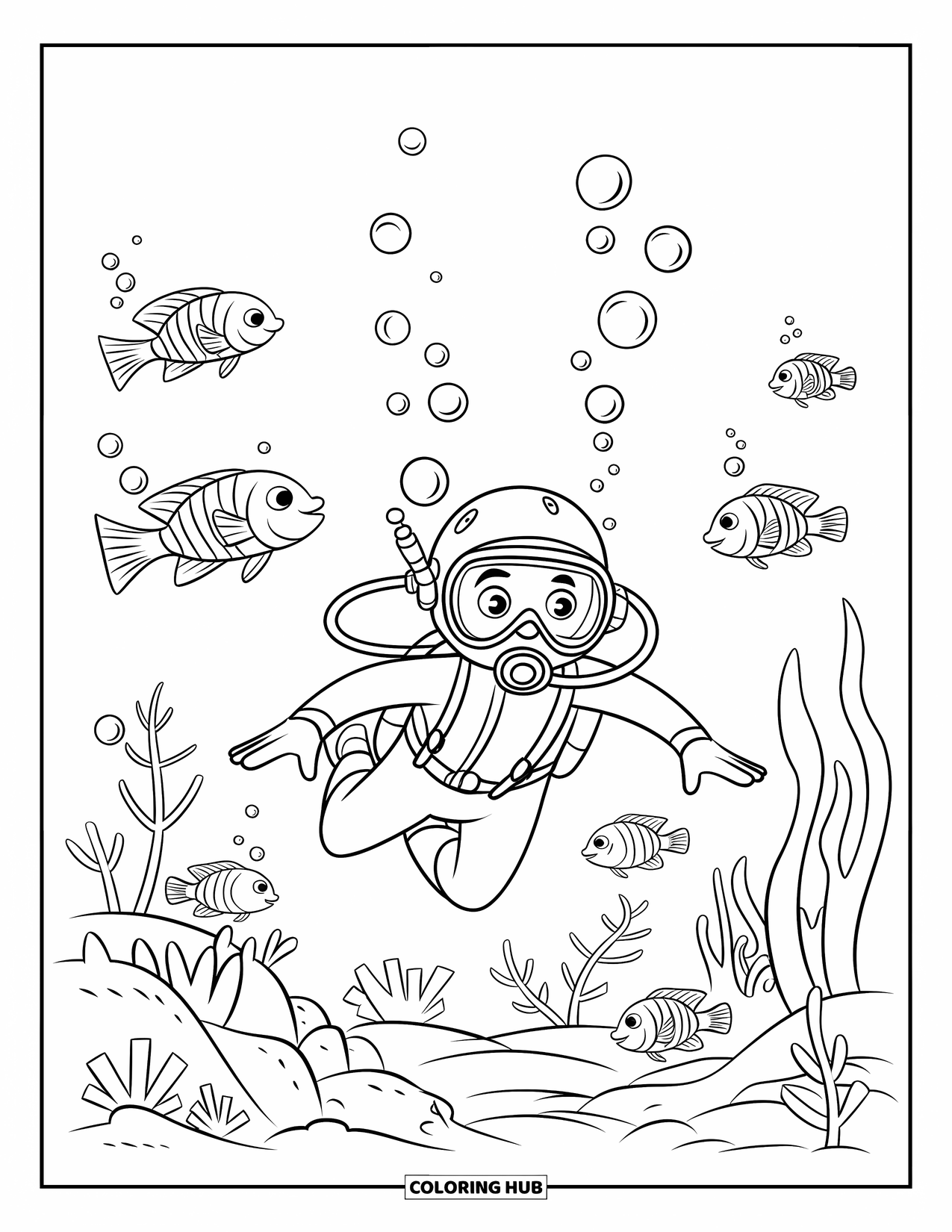 Swimming Coloring Page for Kids: A scuba diver surrounded by fish, bubbles, and underwater plants and rocks