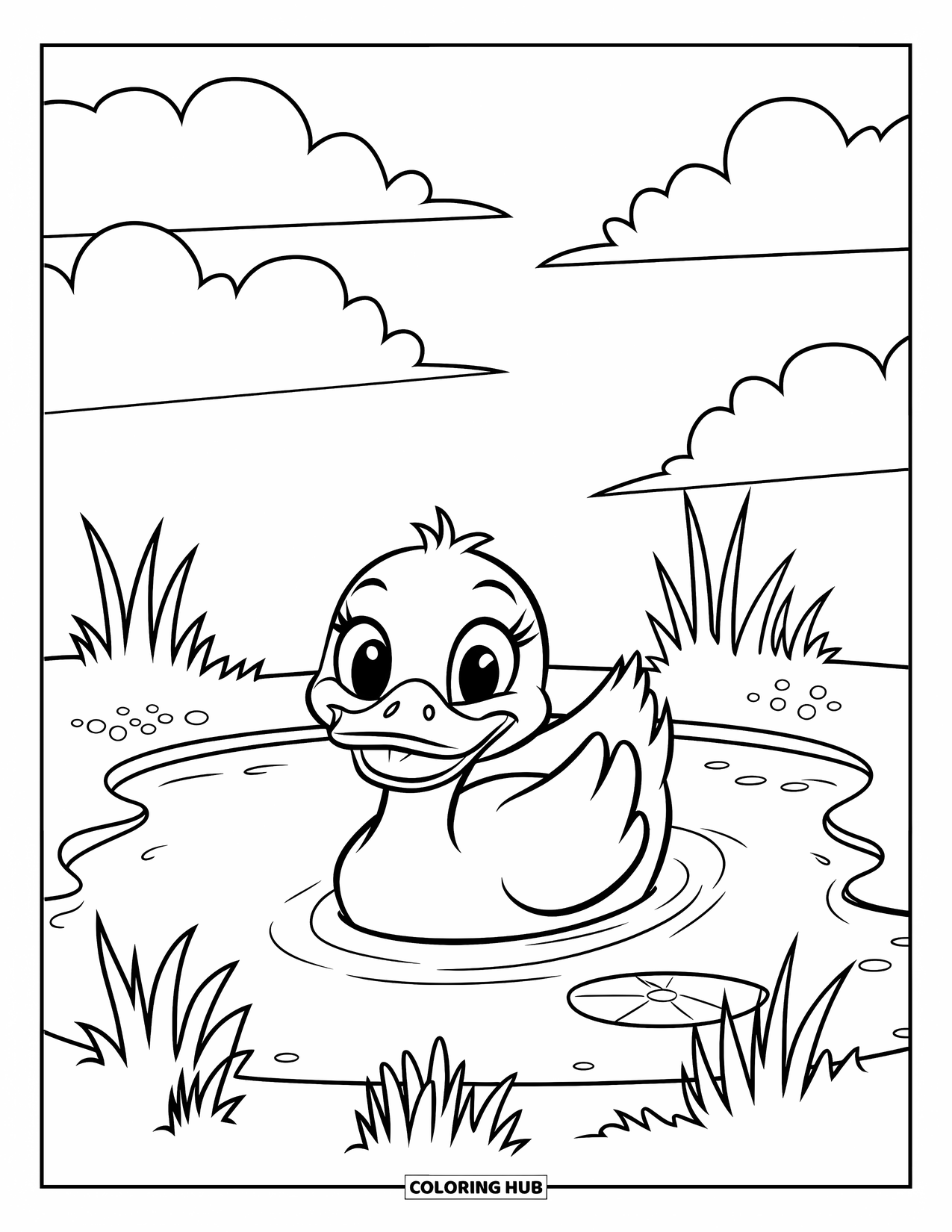 Swimming Coloring Page for Kids: A smiling duck paddles in a small pond surrounded by grass and fluffy clouds