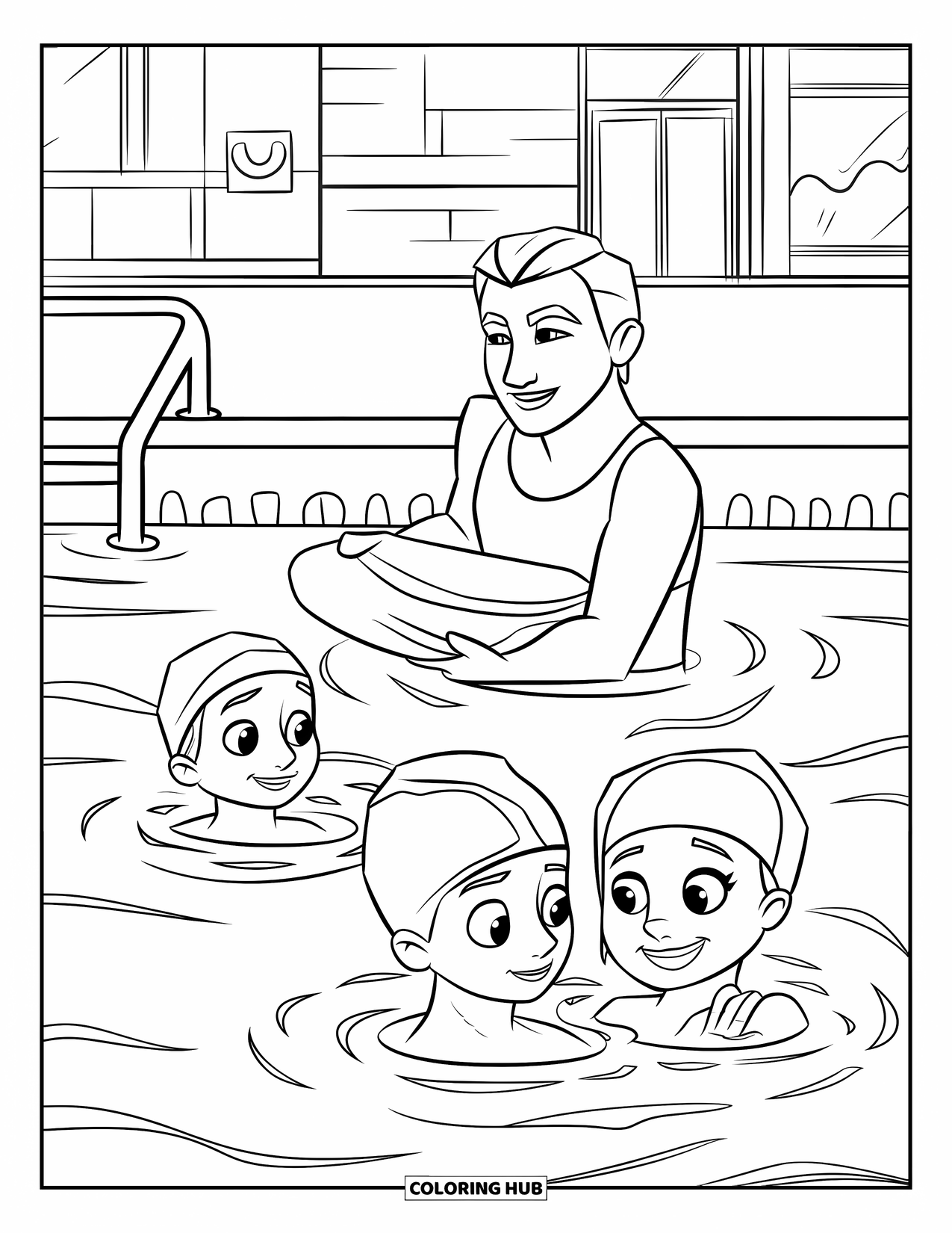 Swimming Coloring Page for Kids: A swim teacher with kids holds a float in a pool near a building