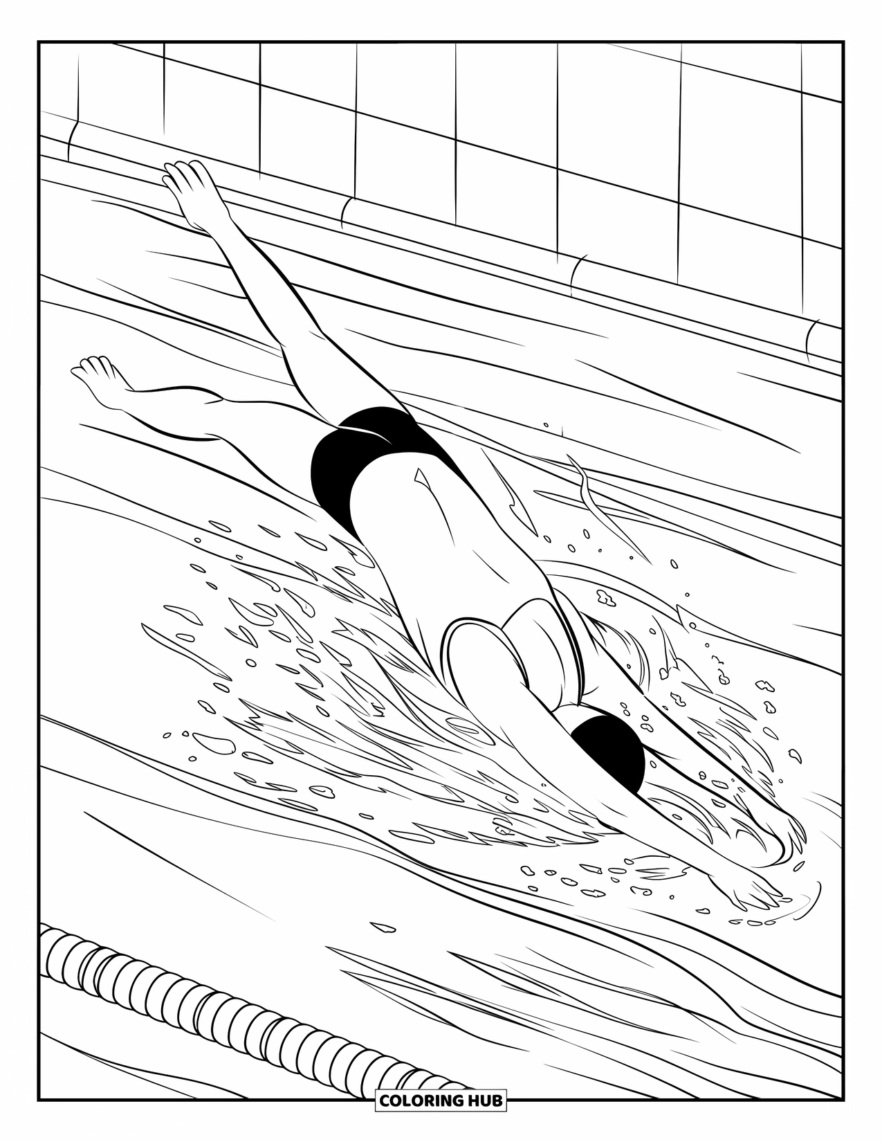 Swimming Coloring Page for Kids: A swimmer does backstroke with arched body and water lines behind them