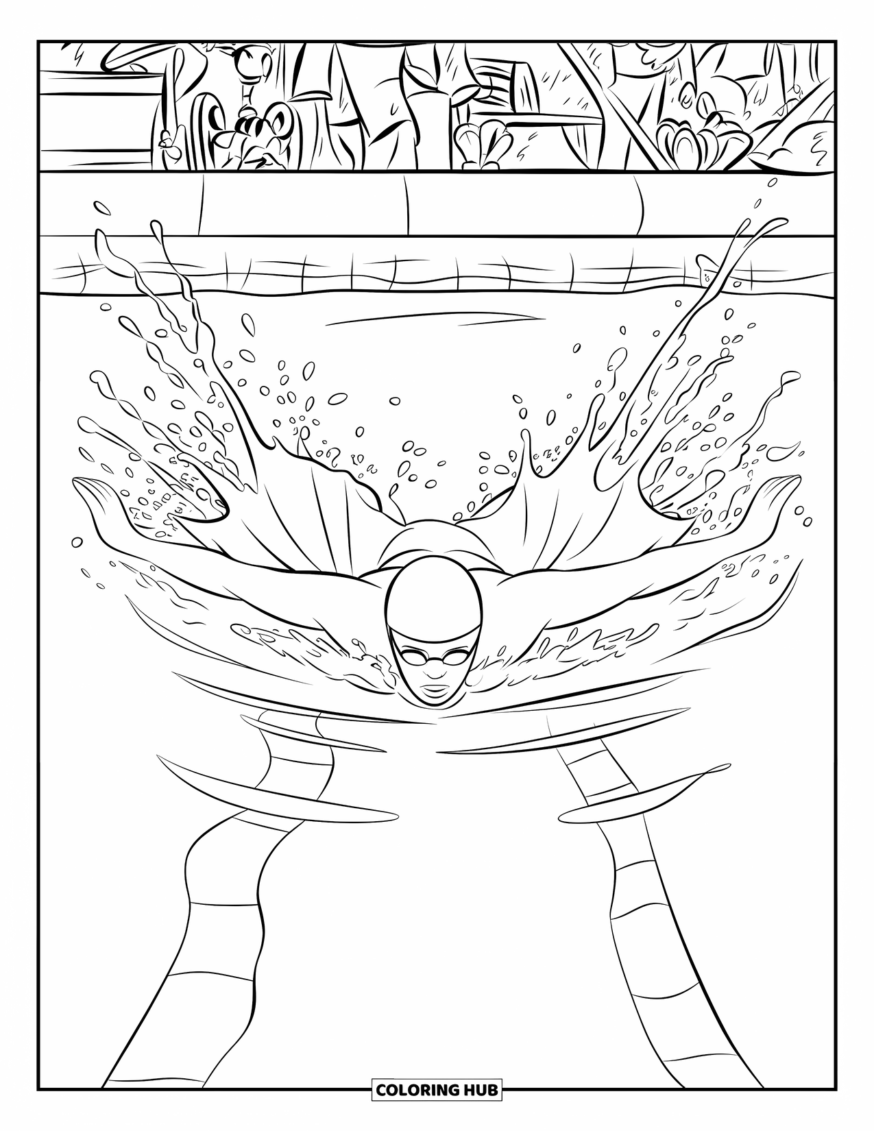 Swimming Coloring Page for Kids: A swimmer does the butterfly stroke with big splashes and spectators watching
