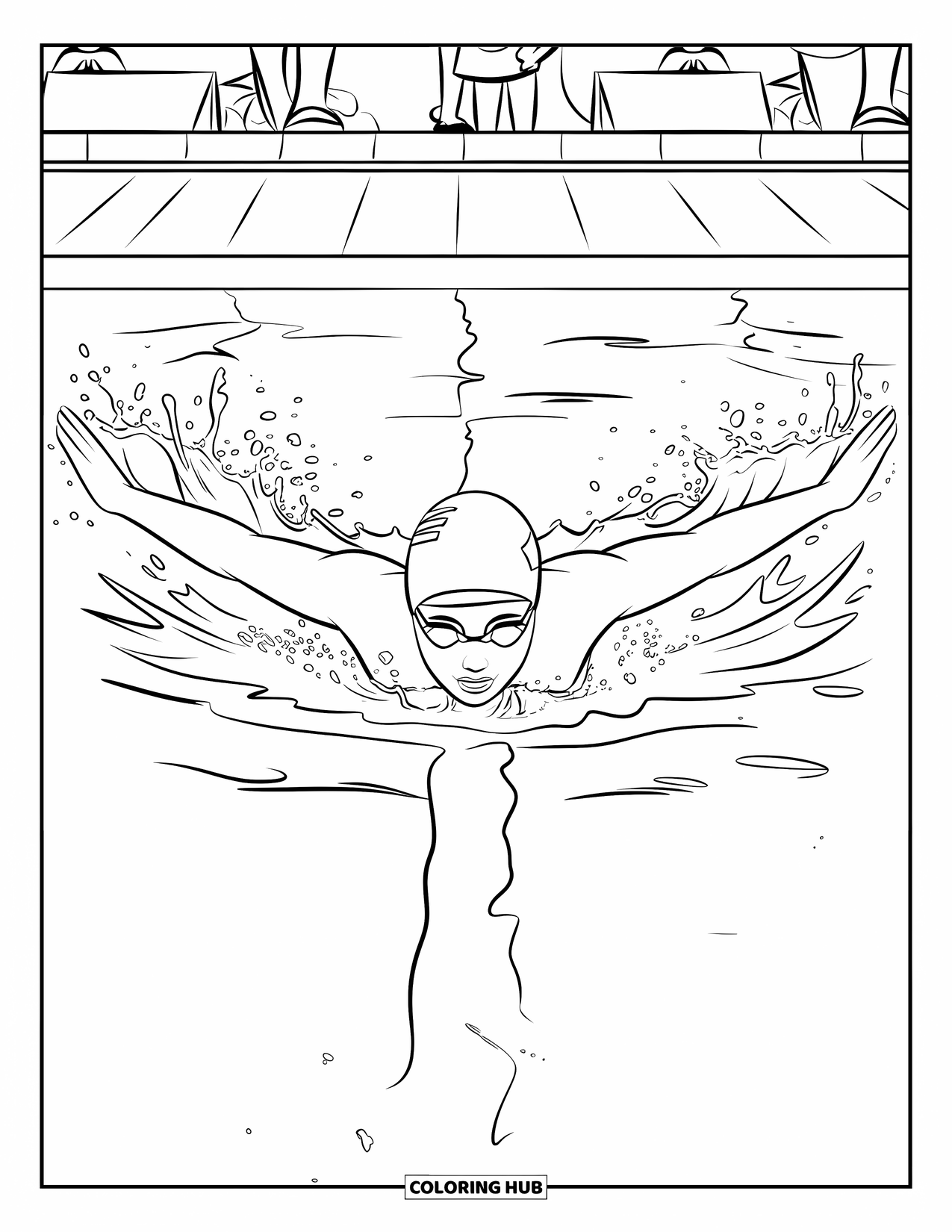 Swimming Coloring Page for Kids: A swimmer powers through a butterfly stroke with splashes and people nearby