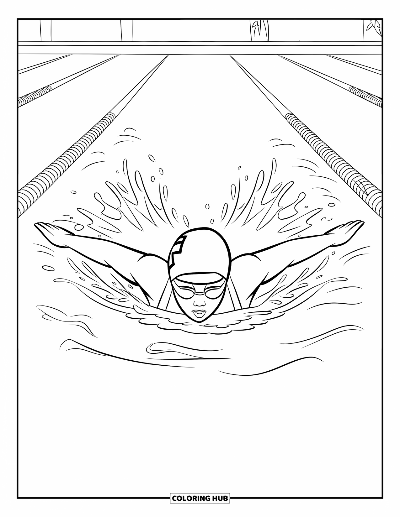 Swimming Coloring Page for Kids: A swimmer with cap and goggles does the butterfly stroke with lane lines behind