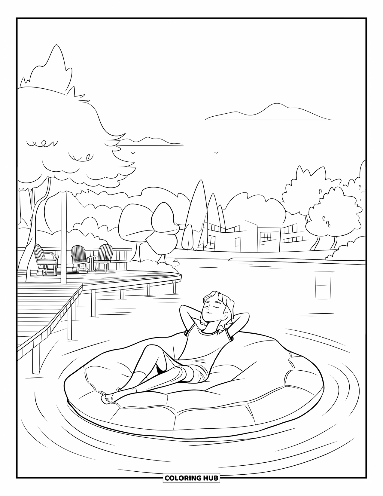 Swimming Coloring Page for Kids: A teen relaxes on a float in a lake near trees, a deck, and buildings