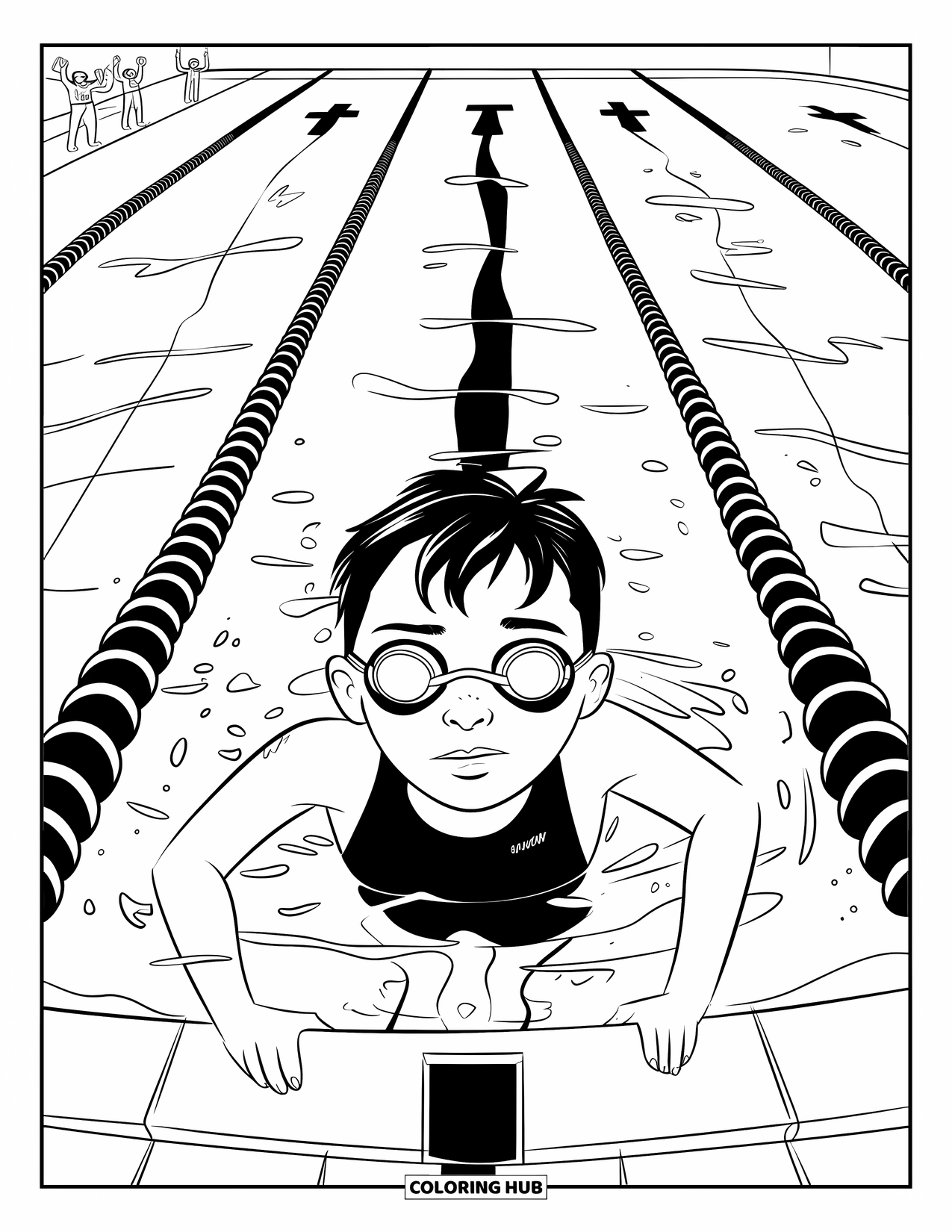 Swimming Coloring Page for Kids: A teen swims laps in an Olympic pool with cheering spectators