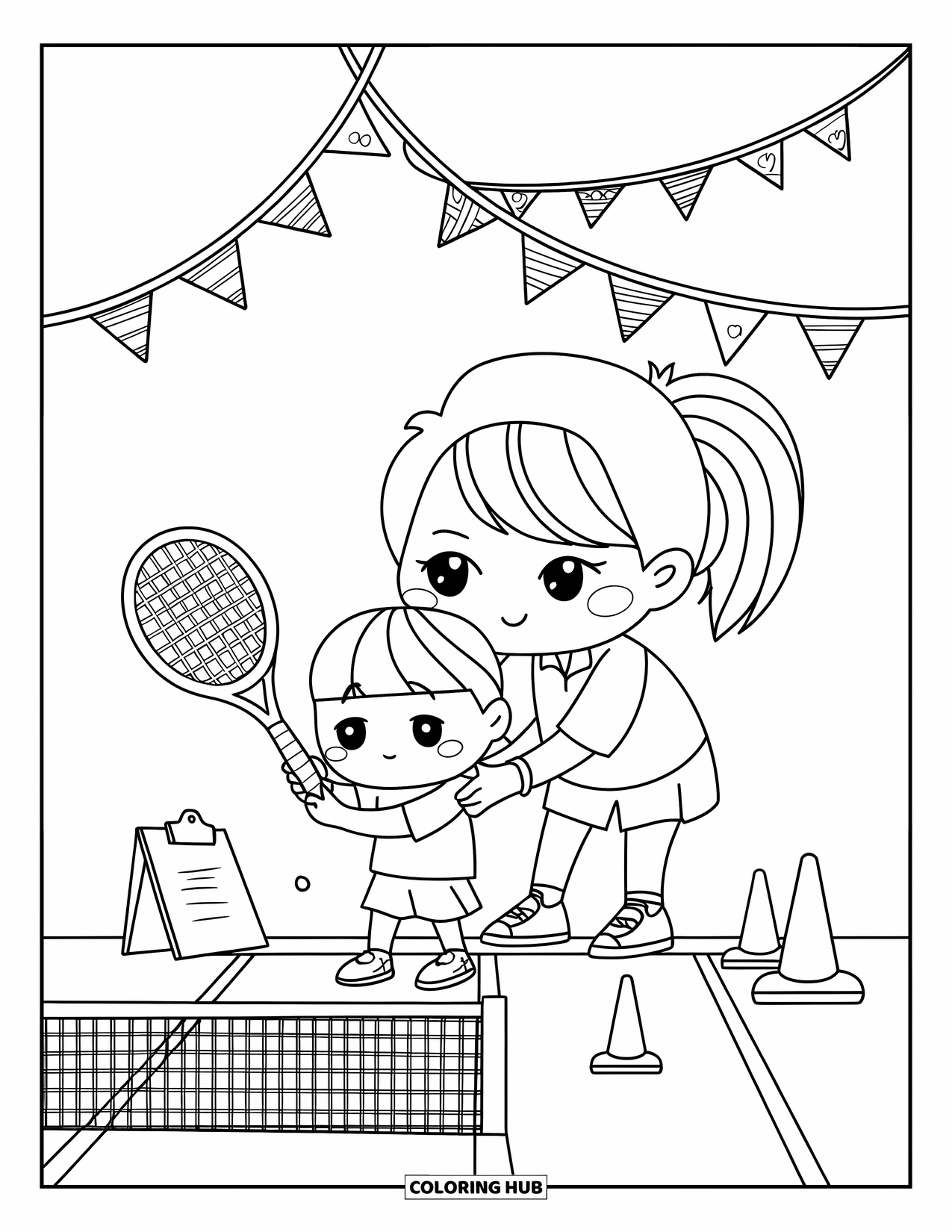 Tennis Coloring Page for Adults: A caring coach adjusts a young player's grip with flags and gear nearby