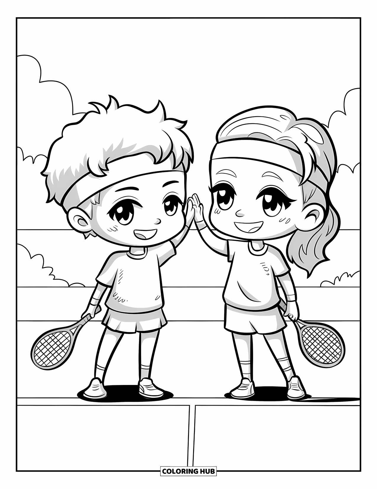 Tennis Coloring Page for Adults: Best friends in sweatbands share a high-five after a fun tennis match