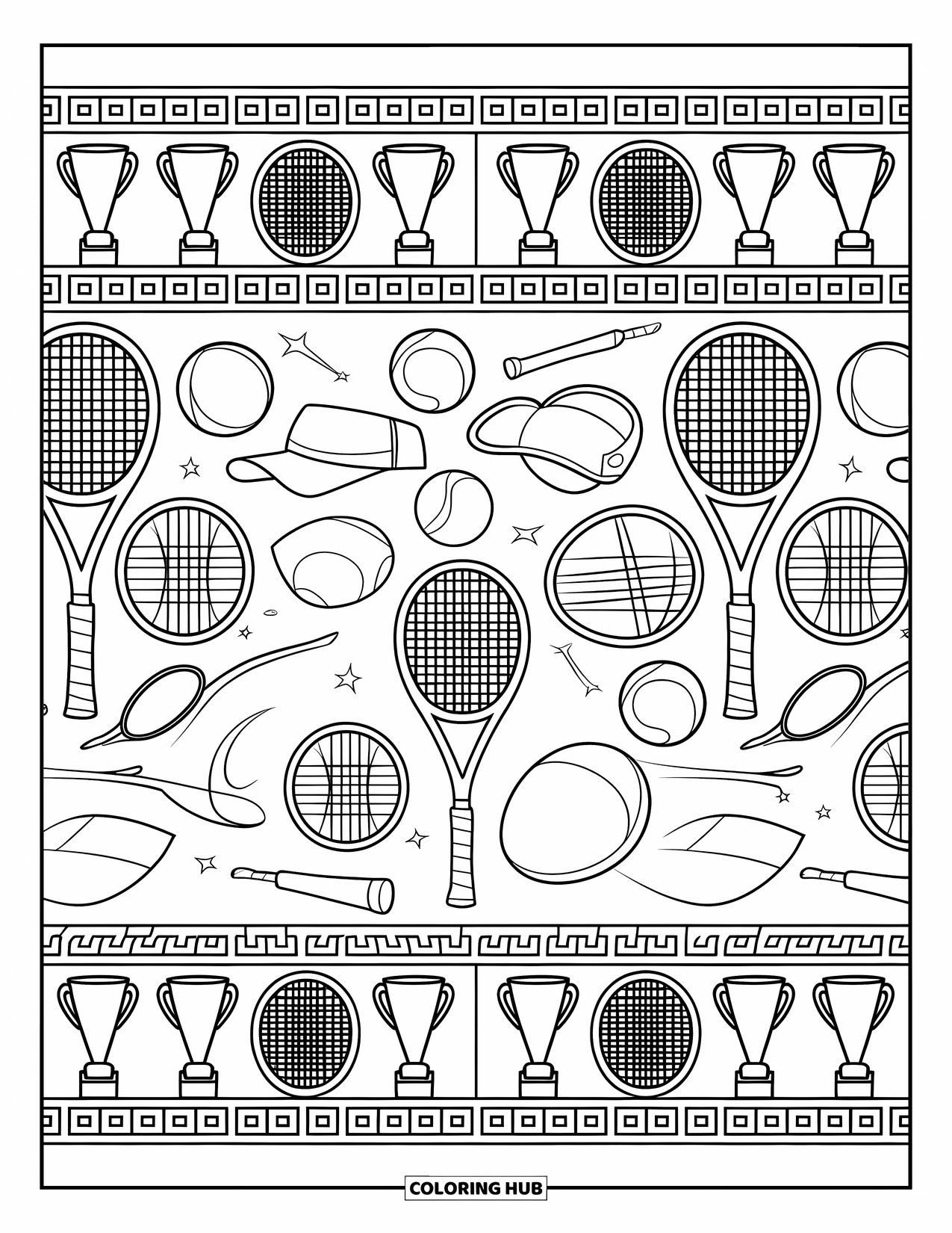 Tennis Coloring Page for Adults: Border filled with rackets, balls, visors, and trophies in a fun pattern