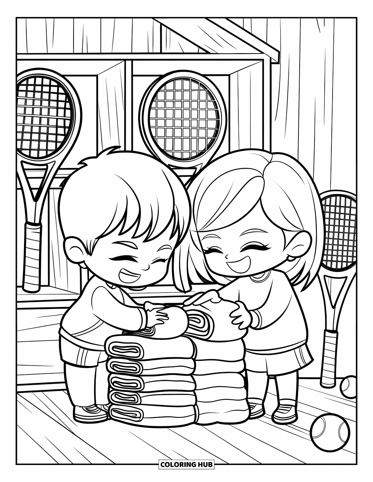 Tennis Coloring Page for Adults: Boy and girl organize gear into cubbies, folding towels with happy grins