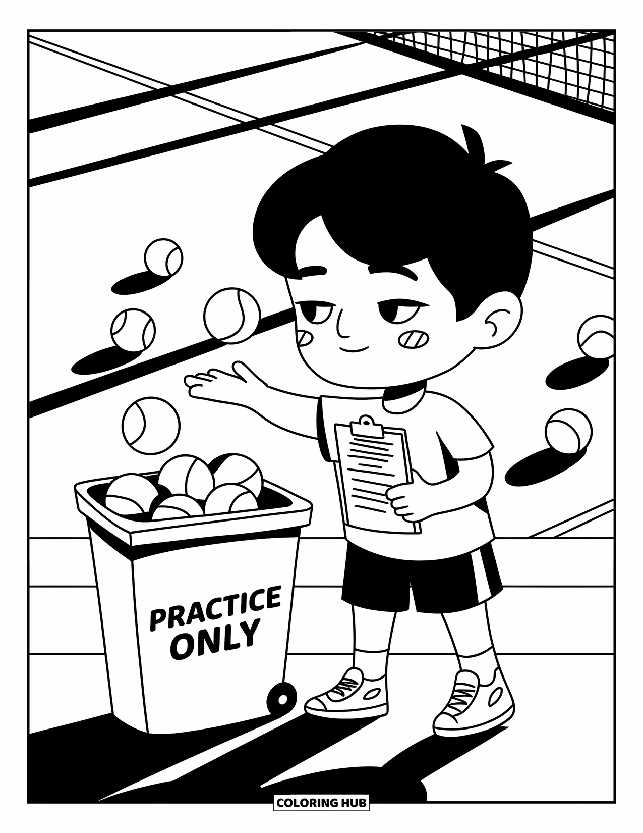 Tennis Coloring Page for Adults: Chibi boy gently recycles tennis balls, surrounded by calm court details