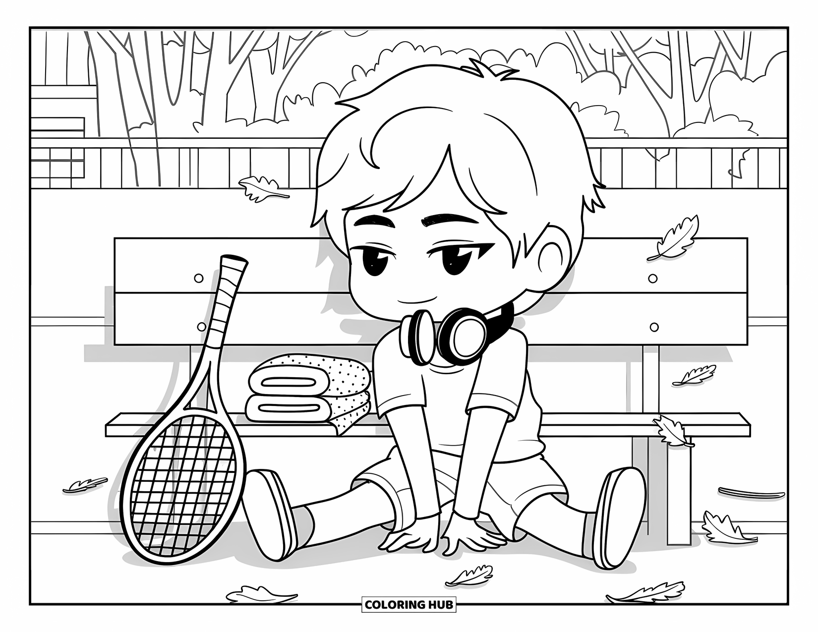 Tennis Coloring Page for Adults: Chibi boy relaxes beside a court, headphones on and towels stacked nearby
