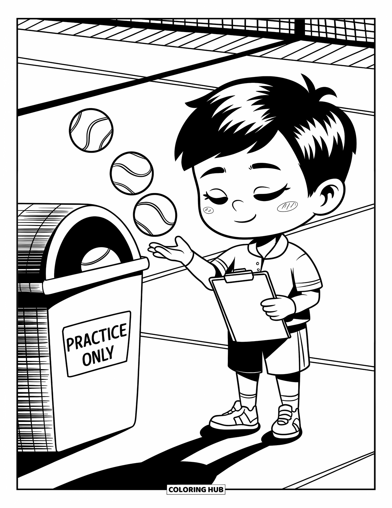 Tennis Coloring Page for Adults: Chibi boy smiles while gently tossing balls into a bin marked "Practice Only"