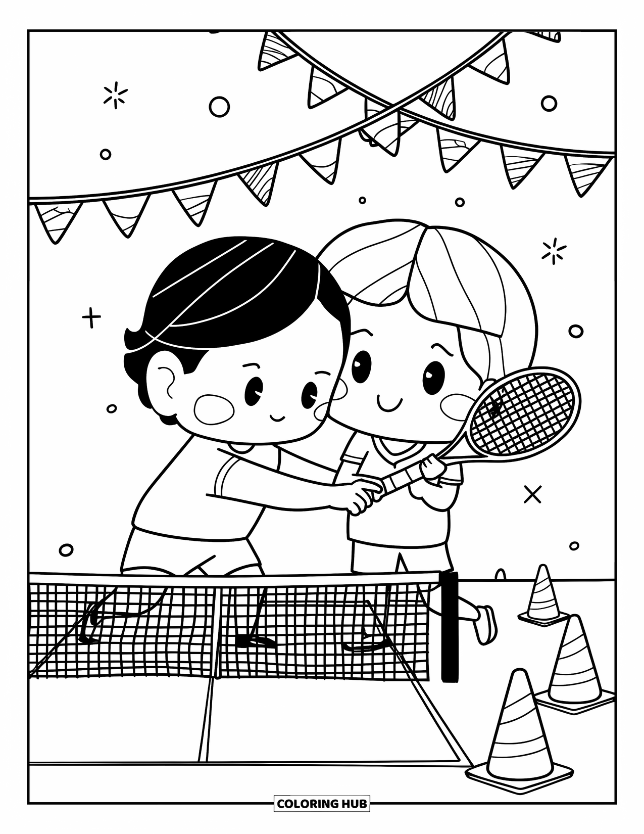 Tennis Coloring Page for Adults: Chibi coach gently helps a young player with their grip near flags and cones