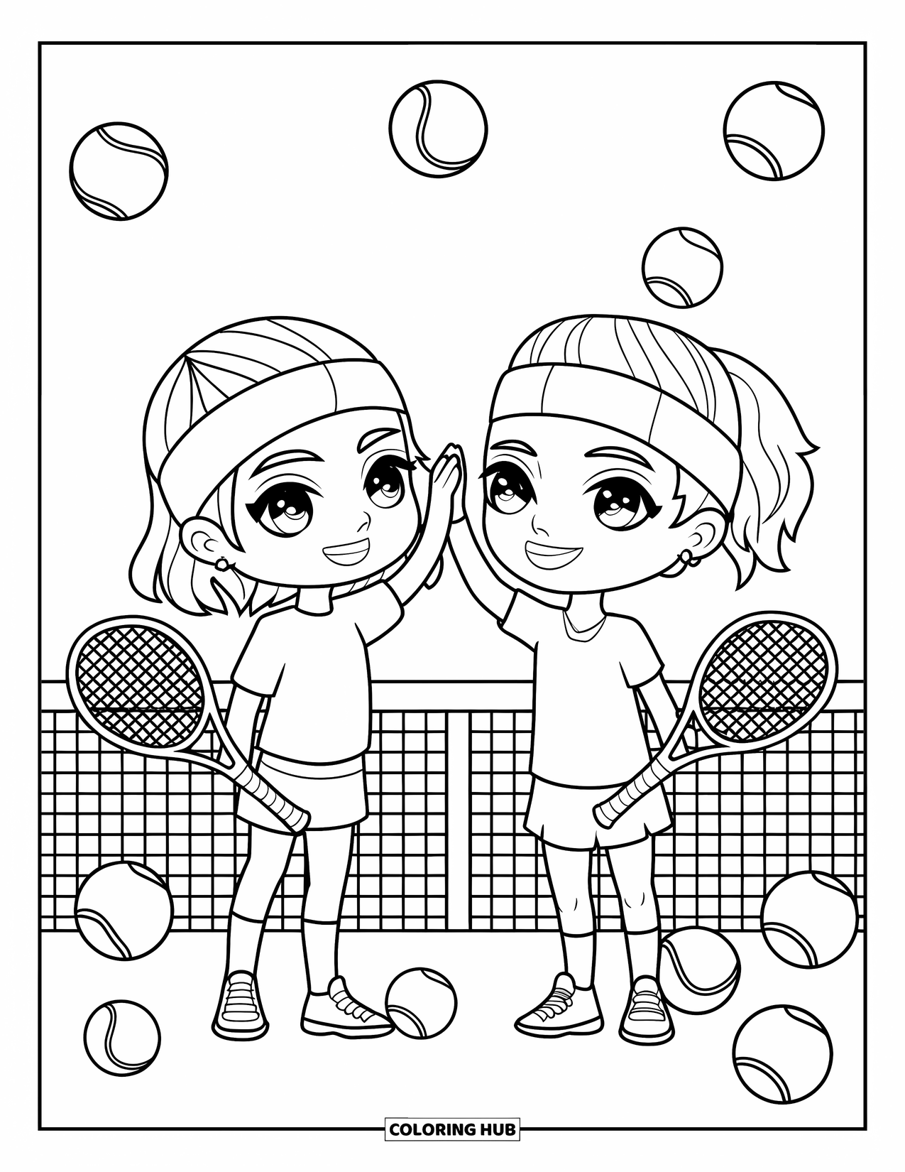 Tennis Coloring Page for Adults: Chibi duo celebrates with a high-five near a net and scattered tennis balls