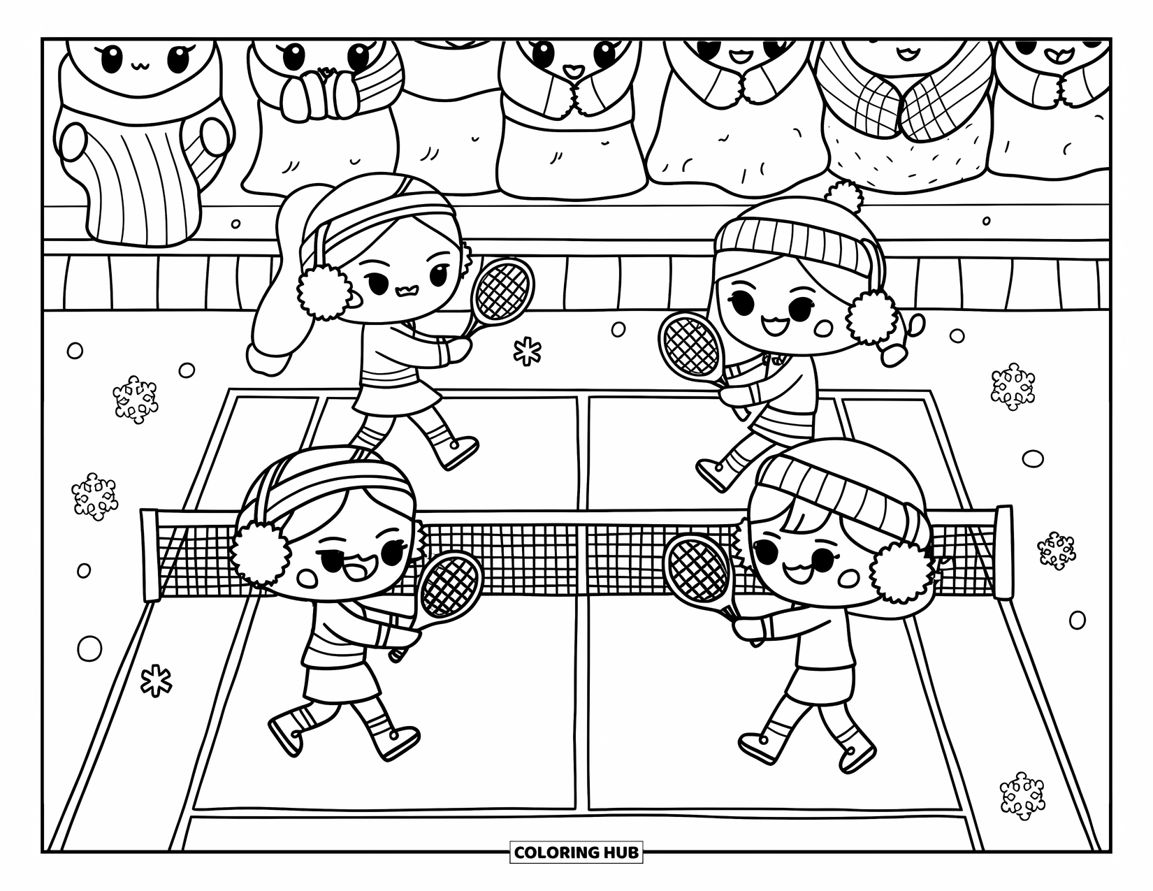 Tennis Coloring Page for Adults: Chibi friends play tennis indoors with mittens, headbands, and cozy winter gear