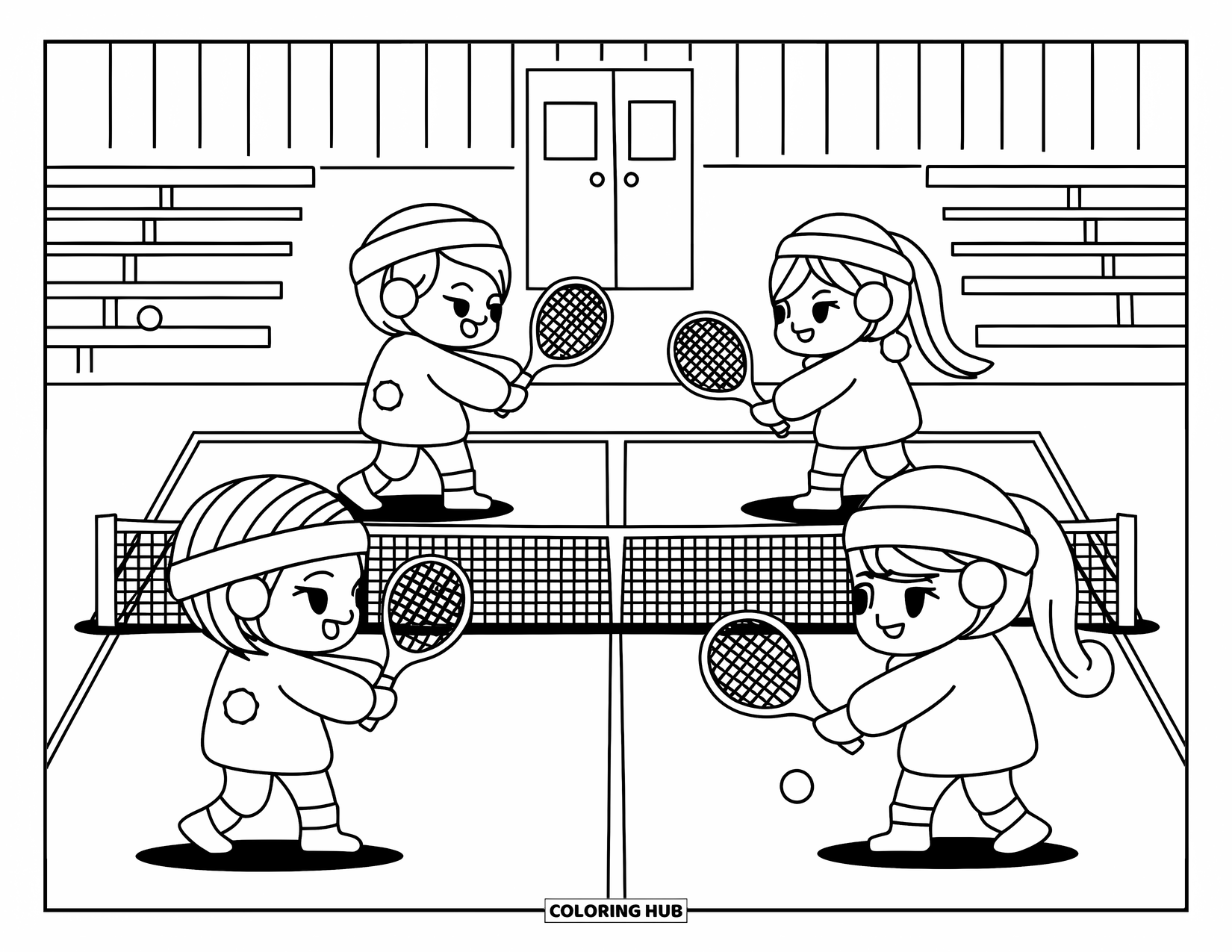 Tennis Coloring Page for Adults: Indoor doubles match with chibi friends in warm outfits and cheerful energy