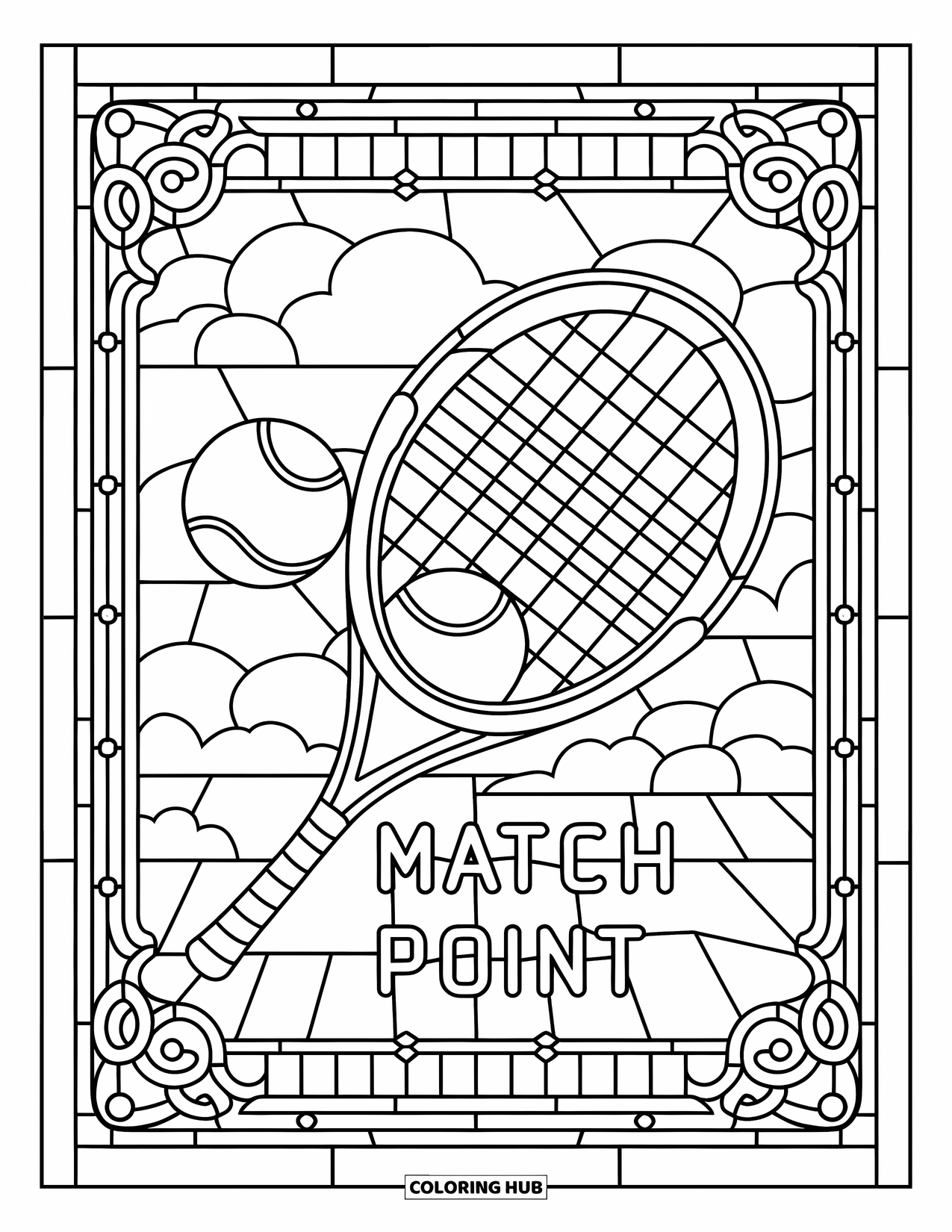 Tennis Coloring Page for Adults: Layered racket, tennis balls, and "Match Point" in an ornate stained glass design
