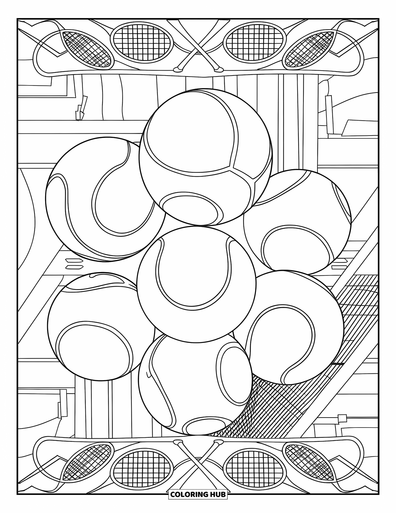 Tennis Coloring Page for Adults: Spirals of tennis balls wrap around a court with decorative edges