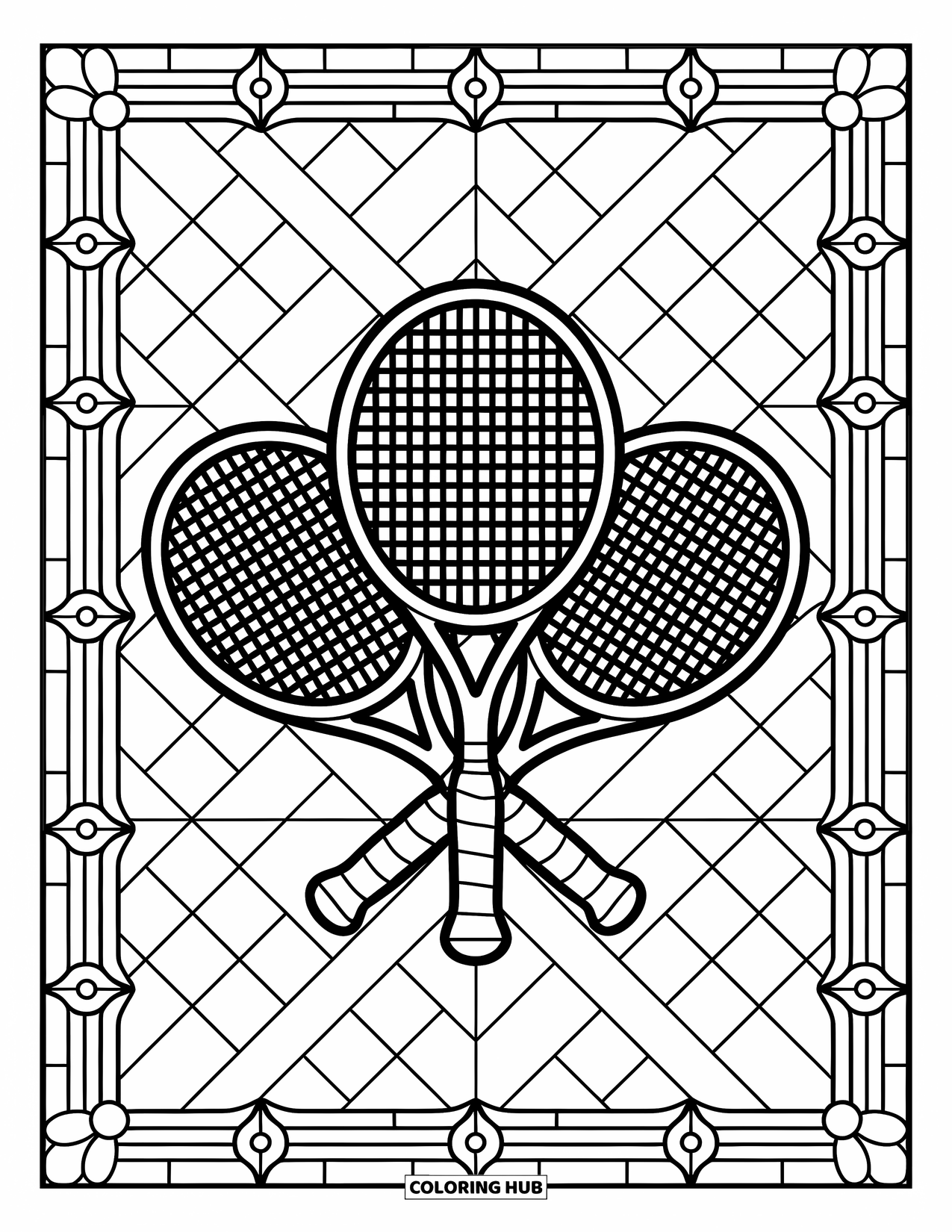 Tennis Coloring Page for Adults: Stained glass design with layered rackets and a background of intersecting lines