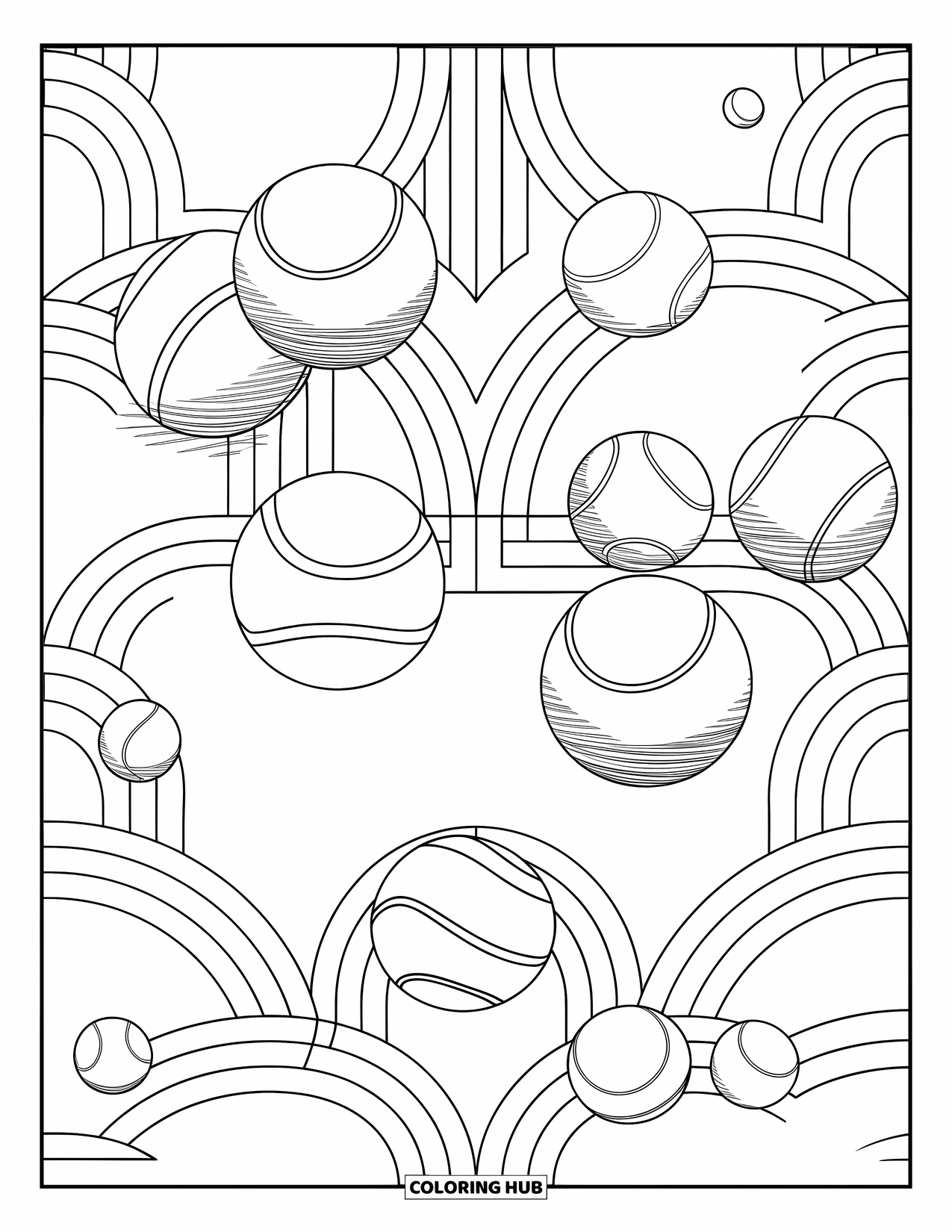 Tennis Coloring Page for Adults: Tennis balls shown in mid-bounce with arcs creating a rhythmic visual pattern