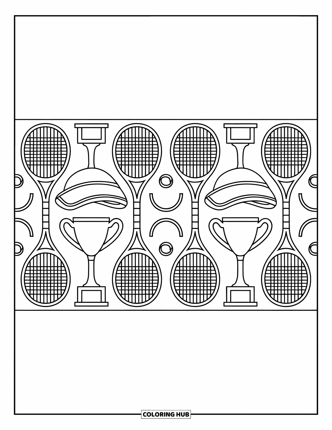 Tennis Coloring Page for Adults: Tennis gear arranged playfully with rackets holding balls and visors on trophies