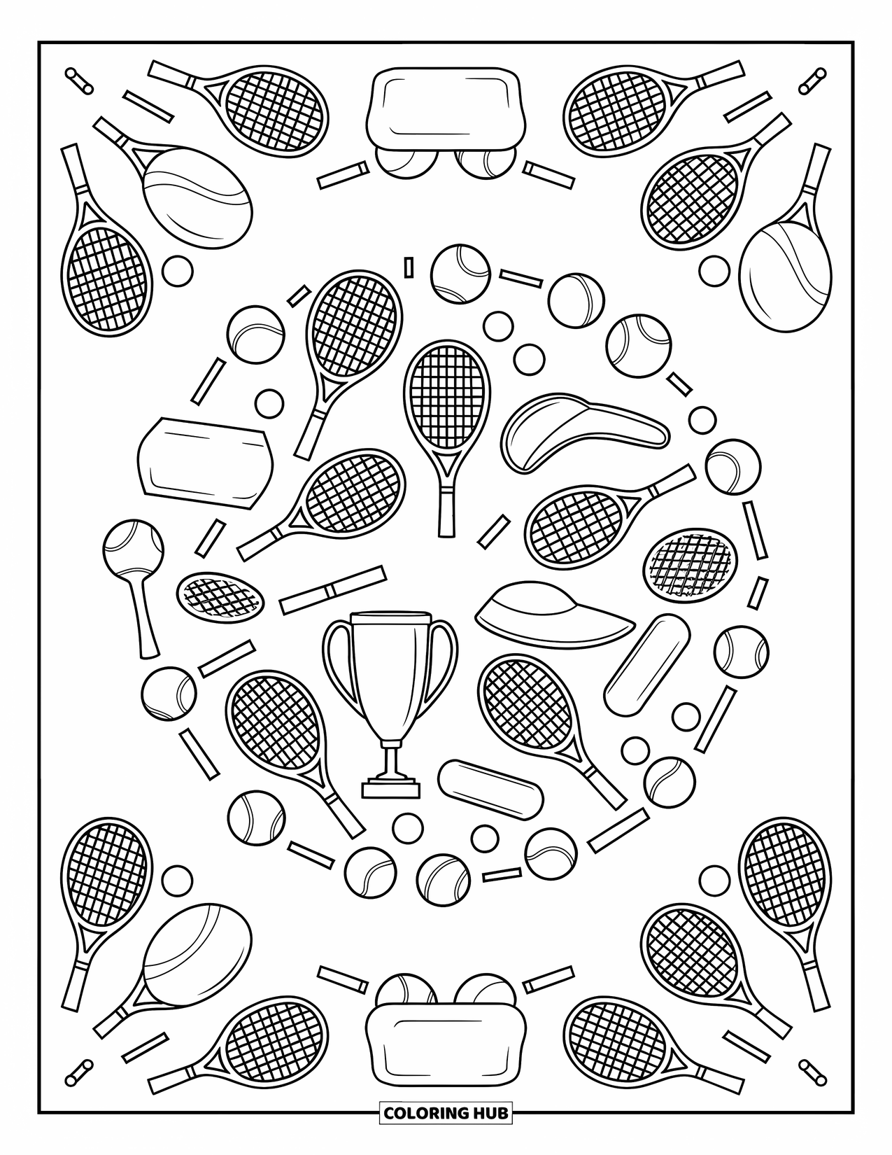 Tennis Coloring Page for Adults: Tennis gear forms a circle in the middle with a patterned border