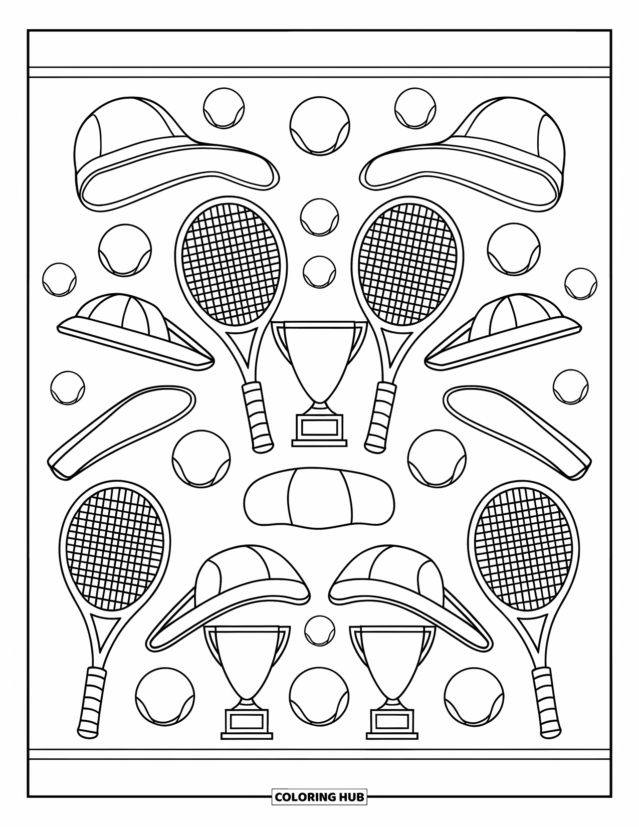 Tennis Coloring Page for Adults: Tennis-themed border with repeating gear wrapped in a neat frame