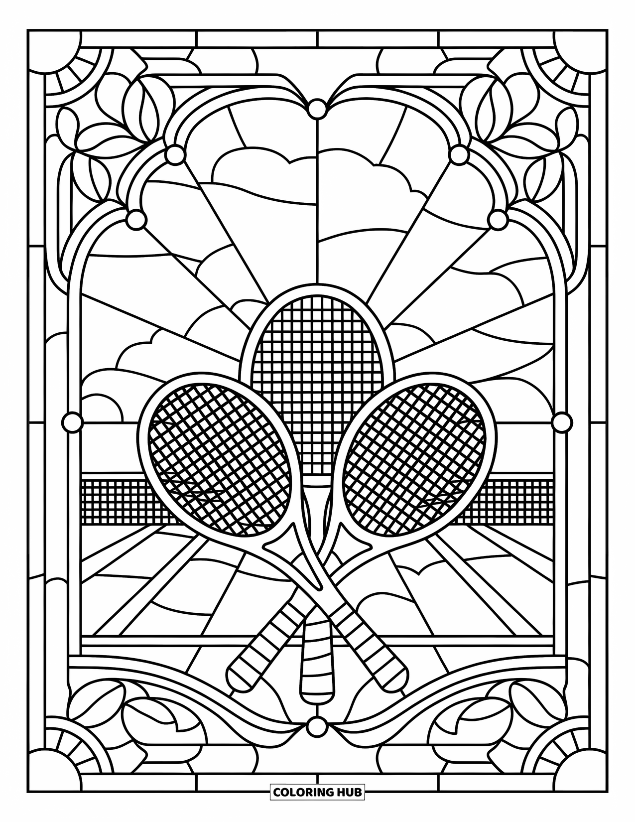 Tennis Coloring Page for Adults: Tennis-themed stained glass with rackets, net, and an ornate border scene