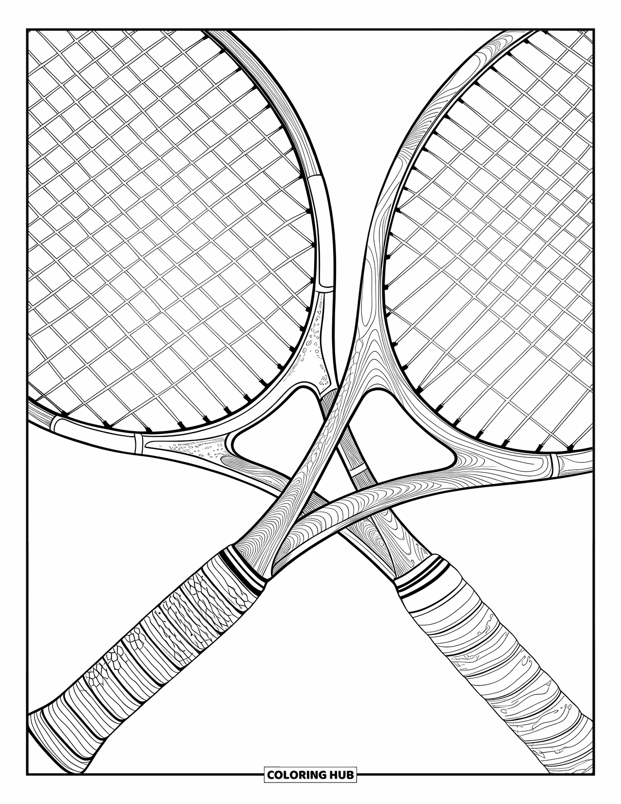 Tennis Coloring Page for Adults: Two old rackets crossed with unique grip patterns and nothing else around