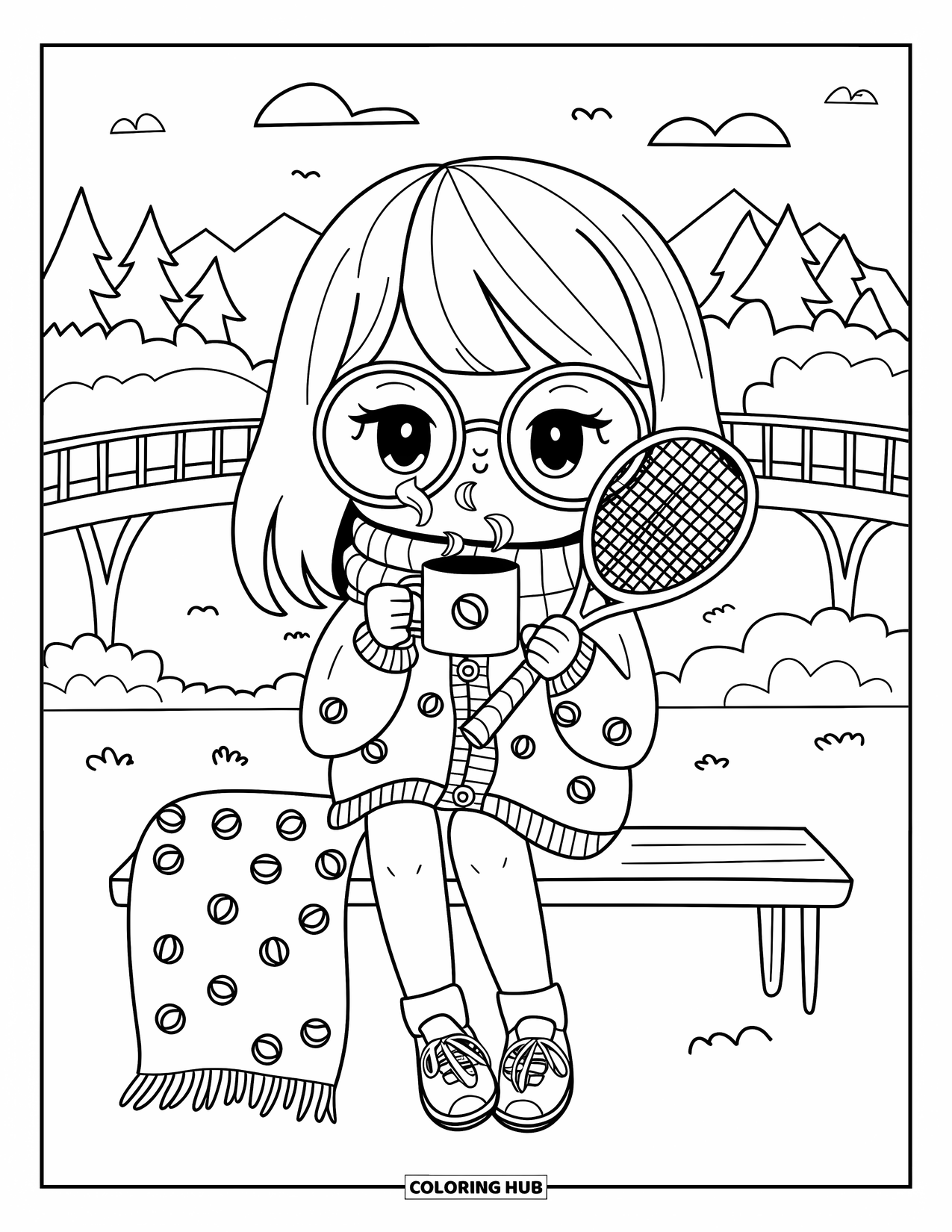 Tennis Coloring Page for Adults: Wrapped in a scarf, girl sits sipping tea with tennis gear and mountains behind