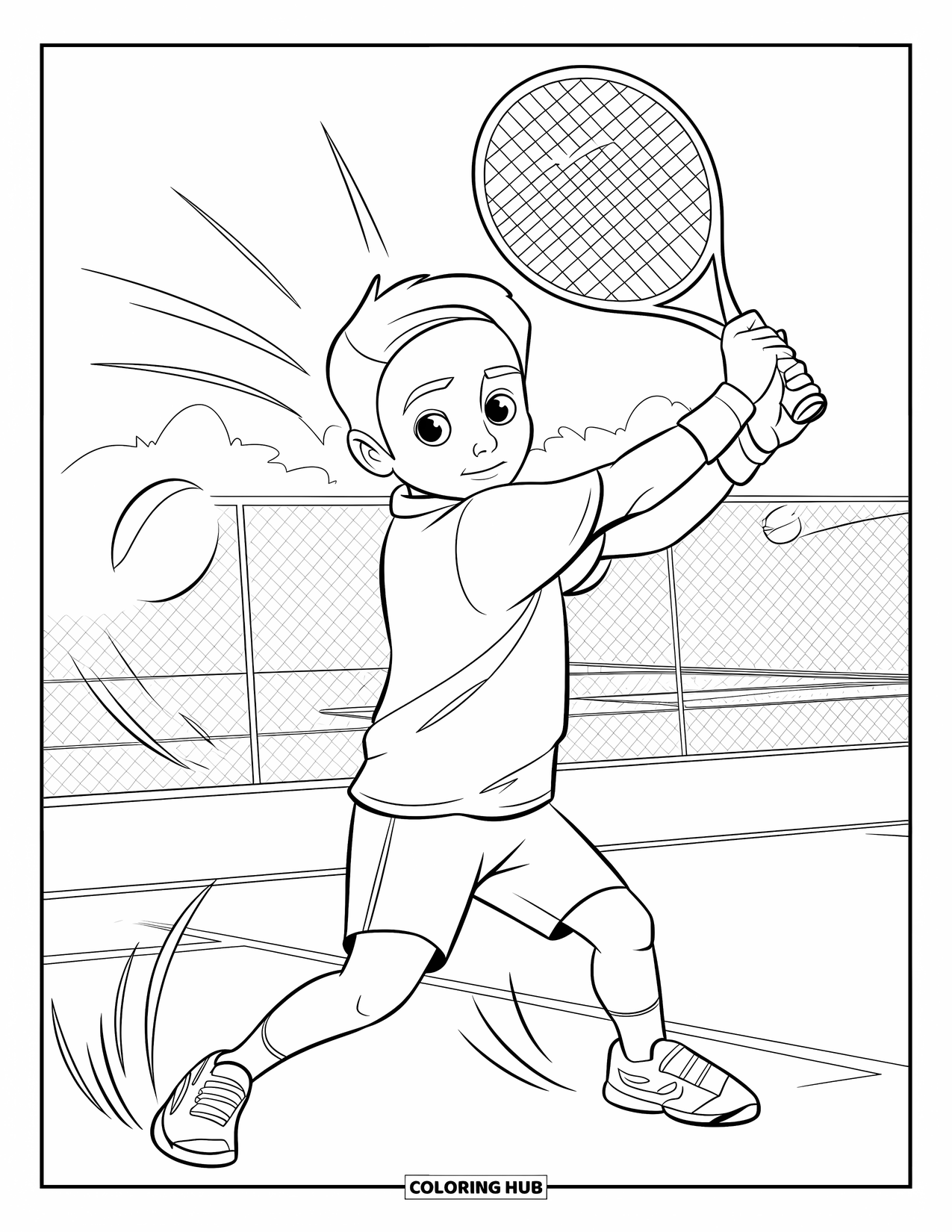 Tennis Coloring Page for Kids: Backhand swing in action as the player trains near a fence