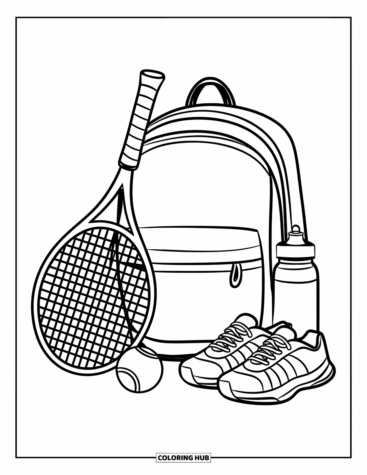 Tennis Coloring Page for Kids: Backpack with a tennis racket rests beside shoes, bottle, and gear