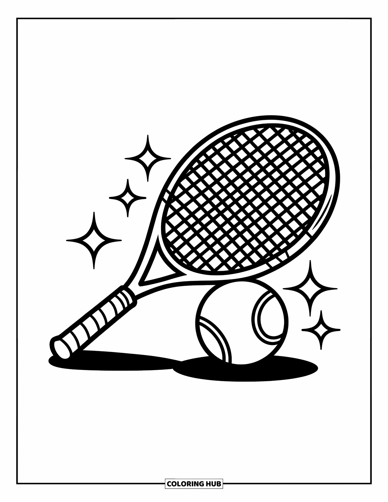 Tennis Coloring Page for Kids: Ball rests on a racket with stars sparkling around them