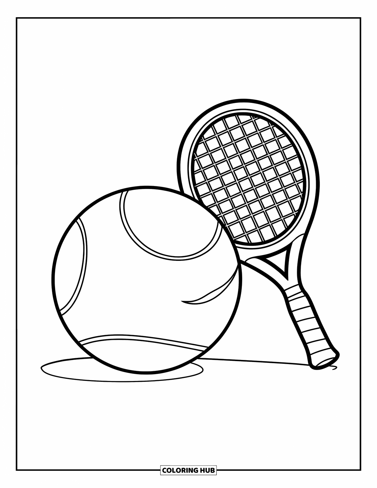 Tennis Coloring Page for Kids: Big tennis ball rests beside a racket in a playful scene