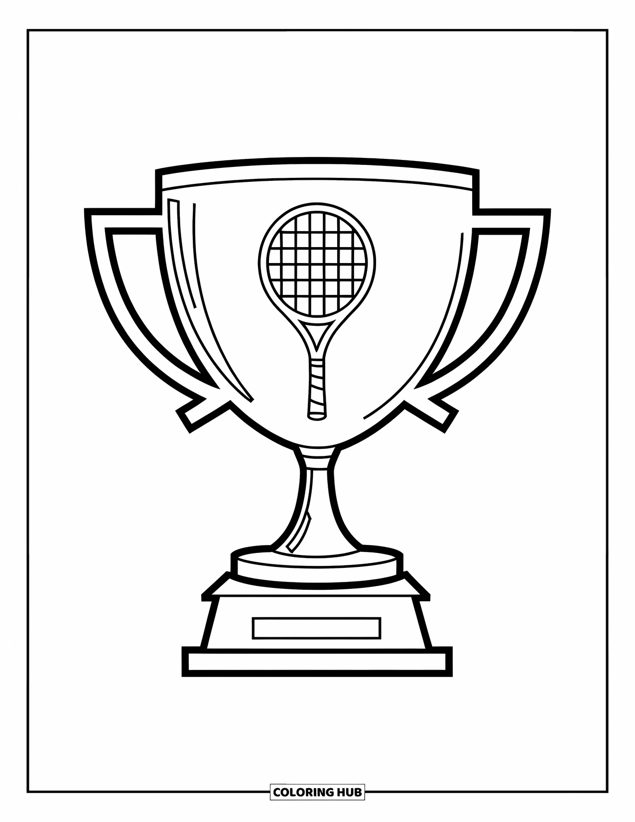 Tennis Coloring Page for Kids: Big trophy with a racket design rests on a podium