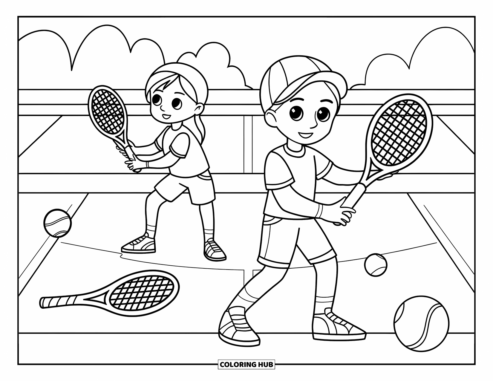 Tennis Coloring Page for Kids: Boy and girl practice at camp with rackets nearby on the court