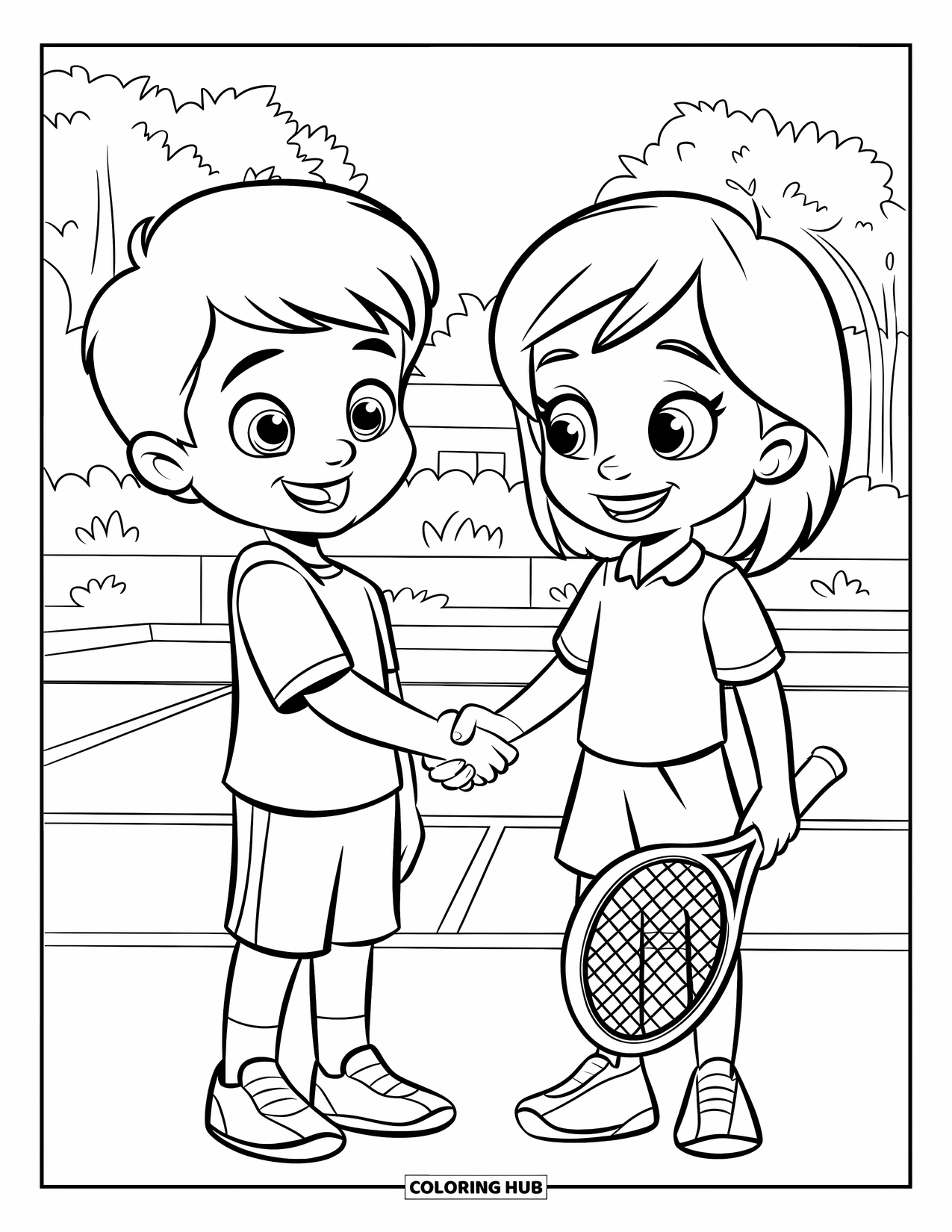 Tennis Coloring Page for Kids: Boy and girl shake hands on a grassy court with trees behind them